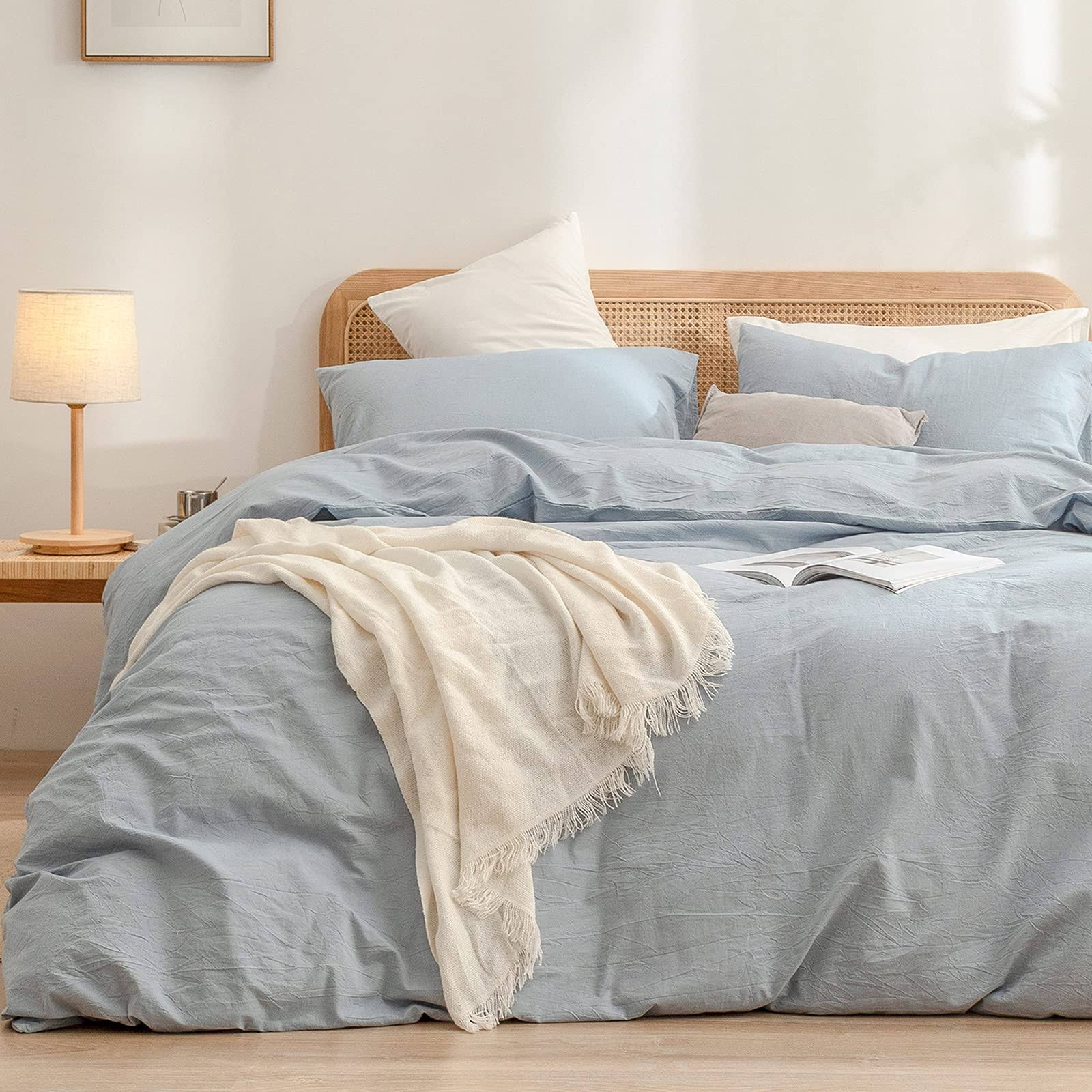 BESTOUCH Duvet Cover Set 100% Washed Cotton Linen Feel Super Soft Comfortable Chic Lightweight 3 Pcs Home Bedding Set Cornflower Blue King