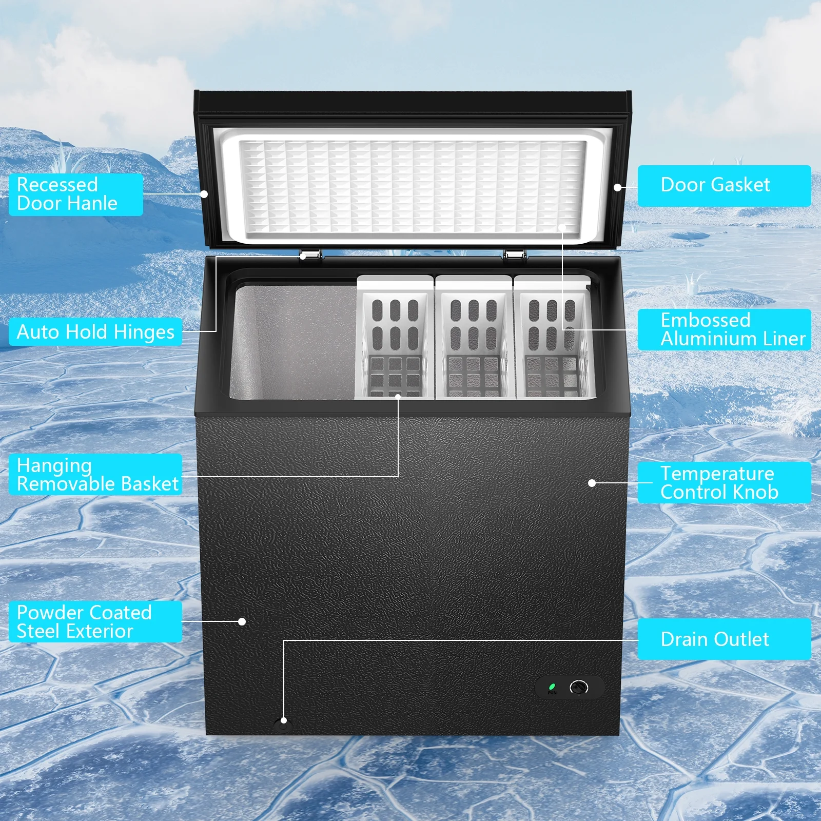7.0 cu.ft. Chest Freezer with Adjustable Temperature, Free Standing Top Open Door Compact Freezer with Removable Basket for Kitchen/Home/Bar/Garage/Office(Black) - Image 8