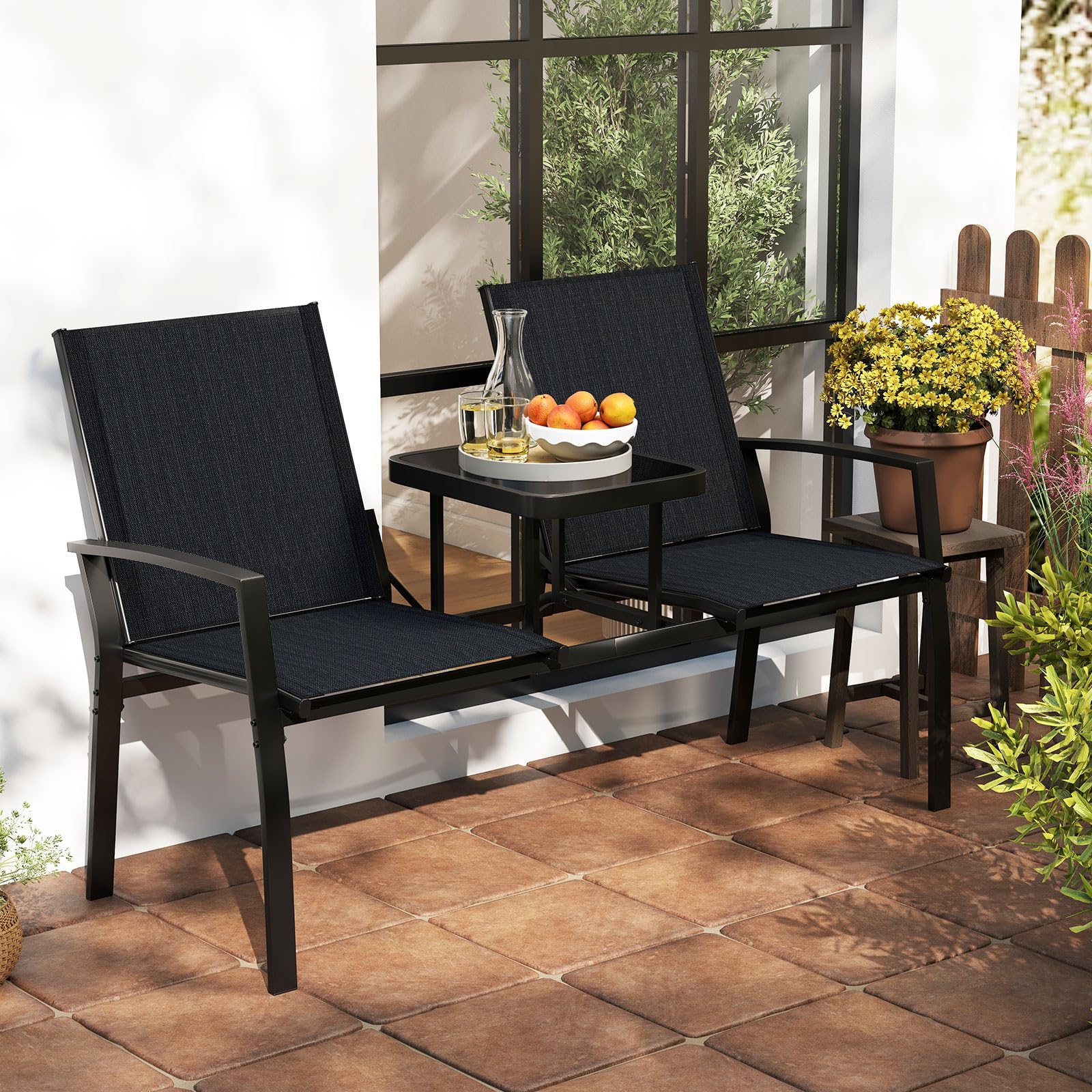 Tangkula Patio Loveseat with Built-in Table with Breathable Fabric Back