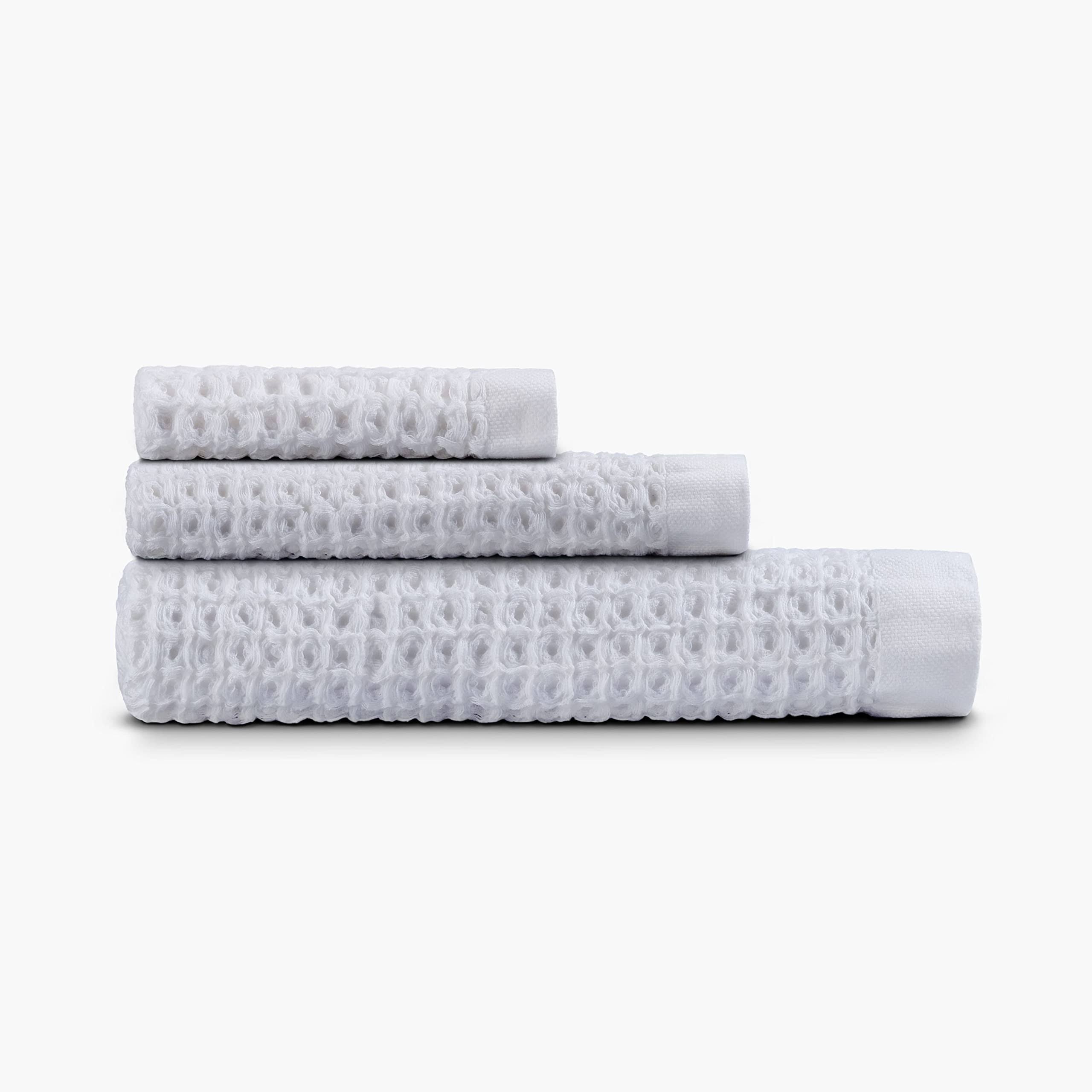 Onsen 3-Piece Waffle Cotton Bath Towel, Hand Towel & Washcloth Set White