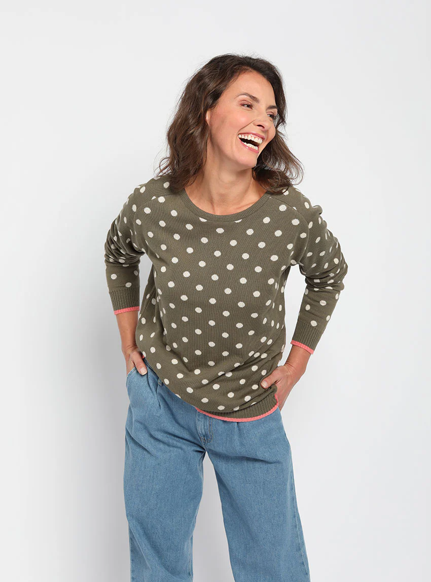 Pull femme à pois en coton vert kaki