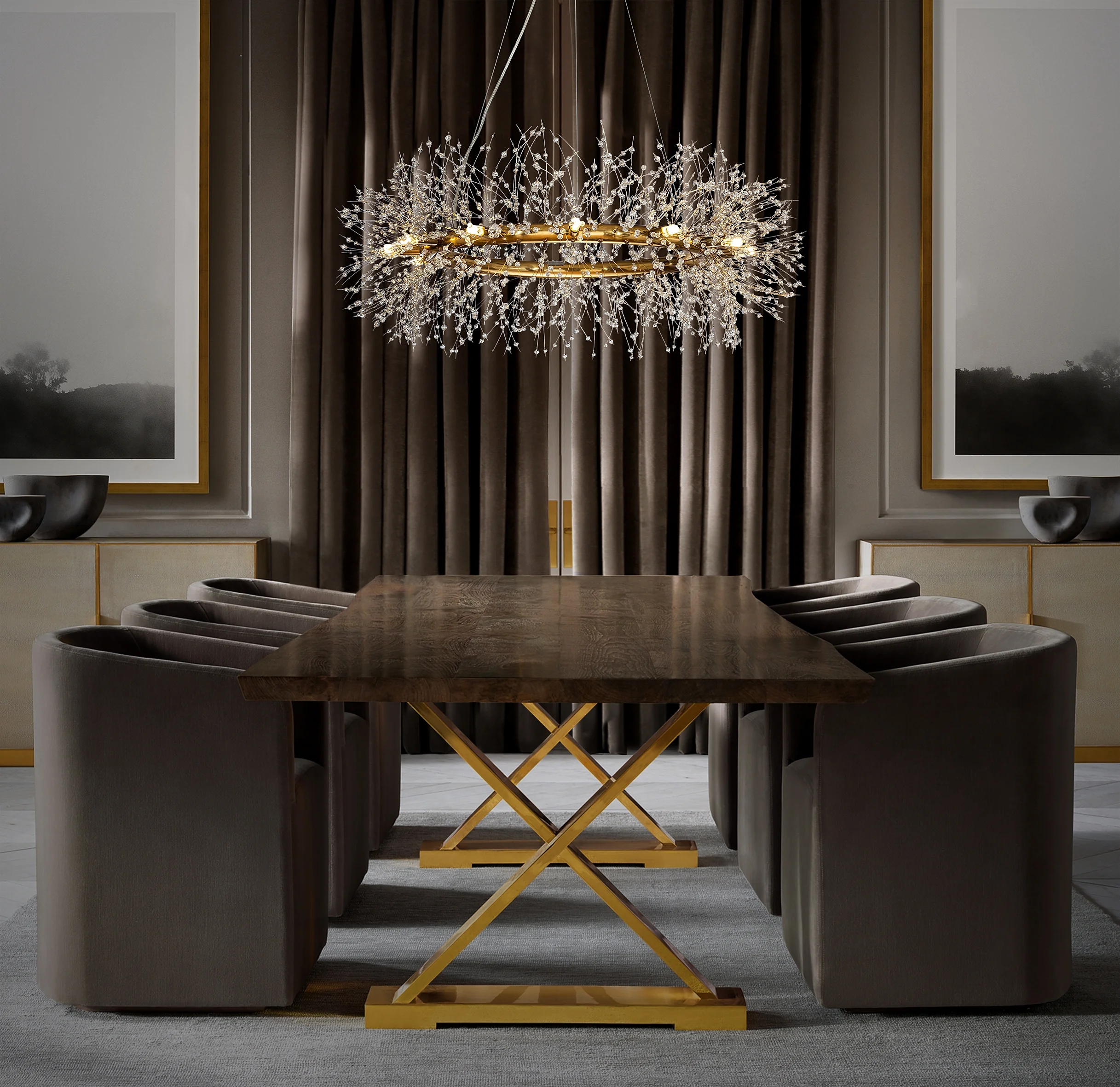 12-Lights Antique Brass Wagon Wheel Modern Crystal Firework Chandelier Glam Round Pendant Light Fixture for Dining Room or Living Room