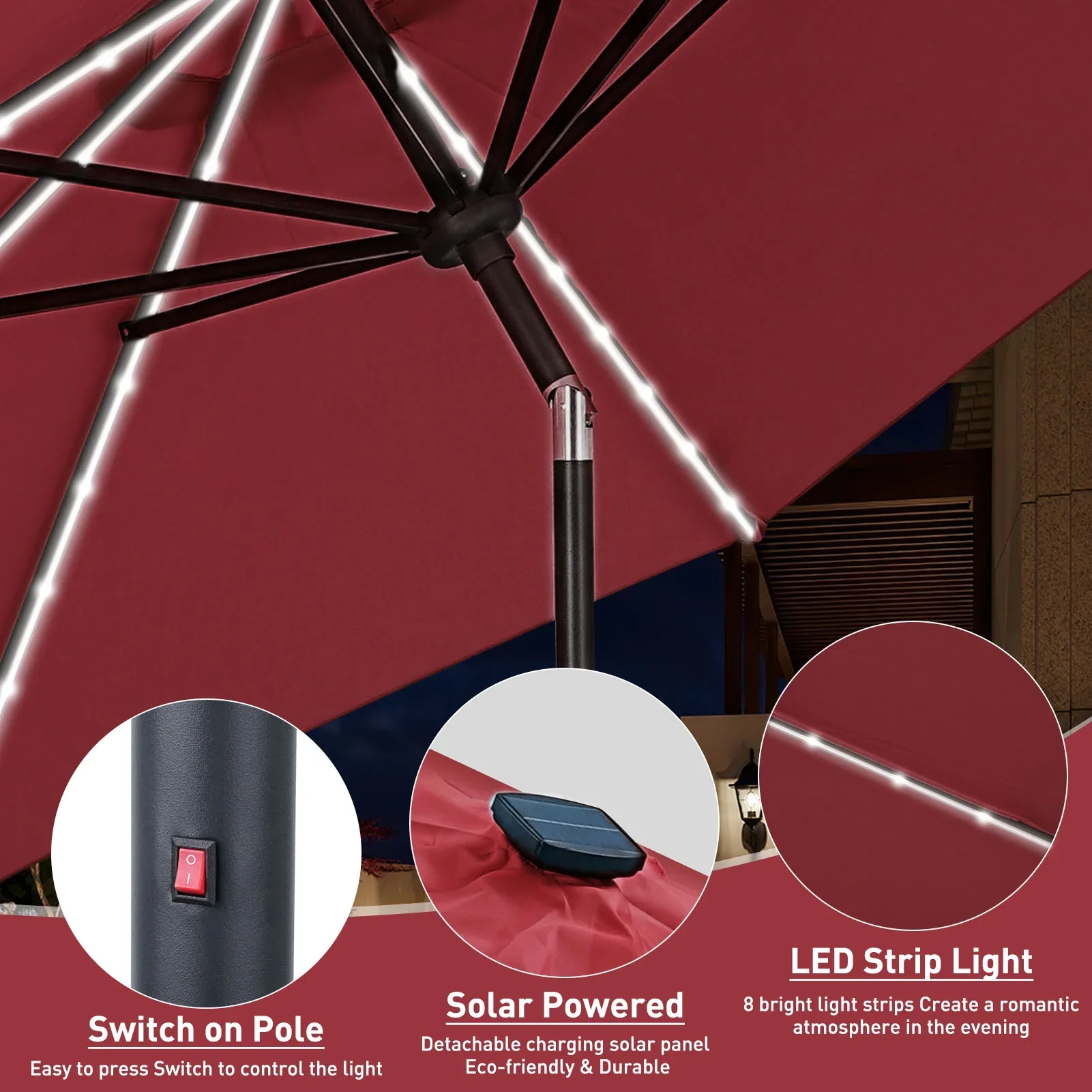 Autlaycil 10 FT Solar LED Lighted Patio Umbrella with LED Table Umbrella with 8 LED Strip Lights, Fade-resistant & Waterproof for Garden, Backyard, Poolside, Push Button Tilt (Blue)