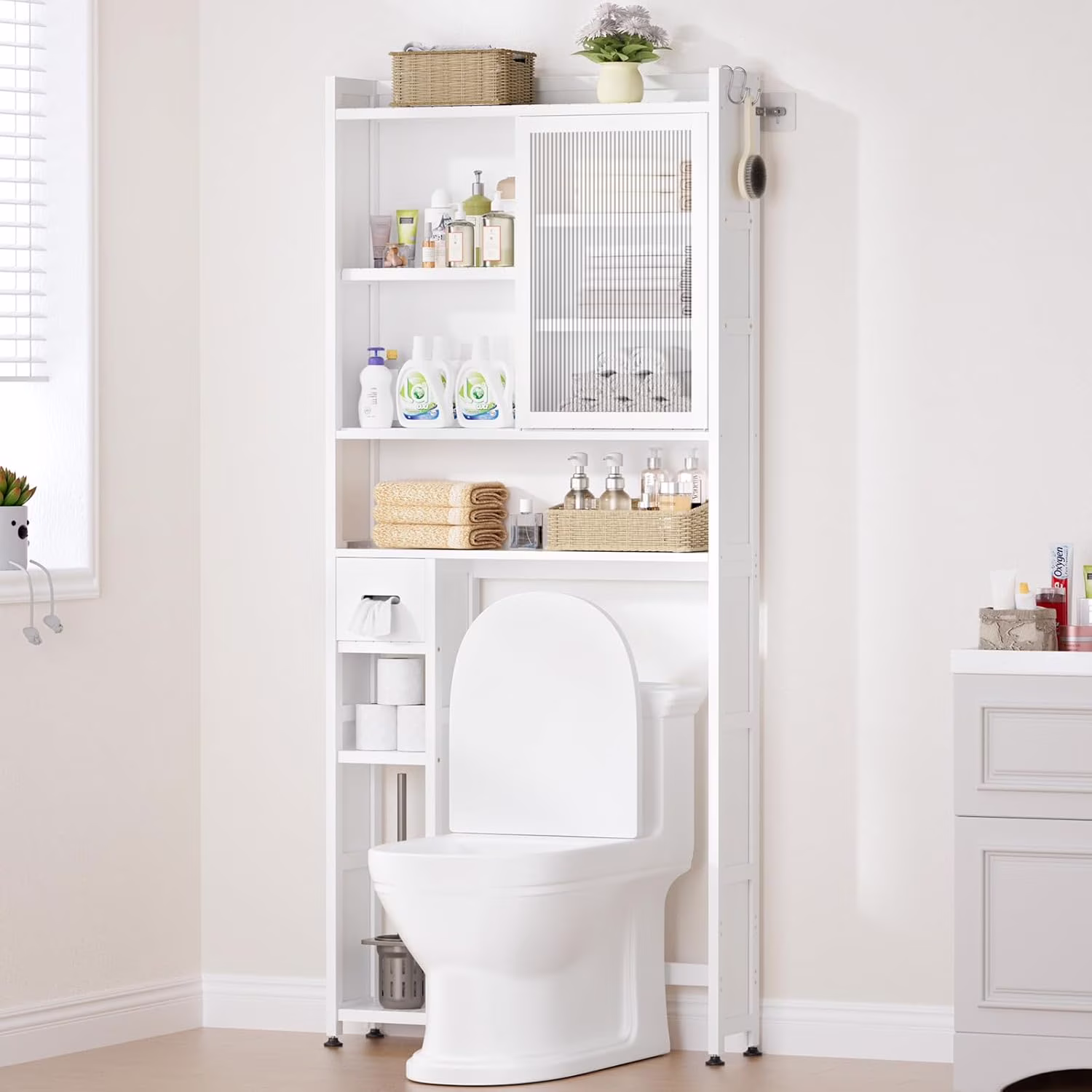 Over the Toilet Storage Cabinet with Acrylic Door Panel and Paper Towel Drawer, Bamboo Space Saver Shelf, Bathroom Organizer Rack Above WC (without Power Strip, White)