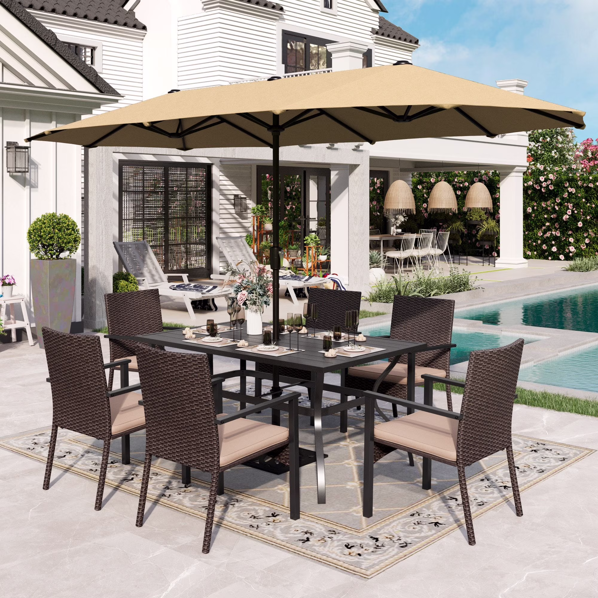Alpha Joy 8 - Piece Outdoor Patio Dining Set with 13 Ft Umbrella, Rattan Chairs & Rectangle Table Set for 6, Beige Umbrella