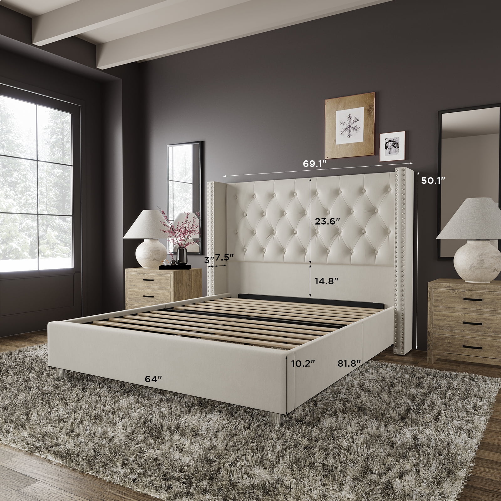 Vanacc Queen Bed Frame Upholstered Bed Wingback Headboard Velvet Tufted Diamond Button/No Box Spring Needed/Easy Assembly/Gray