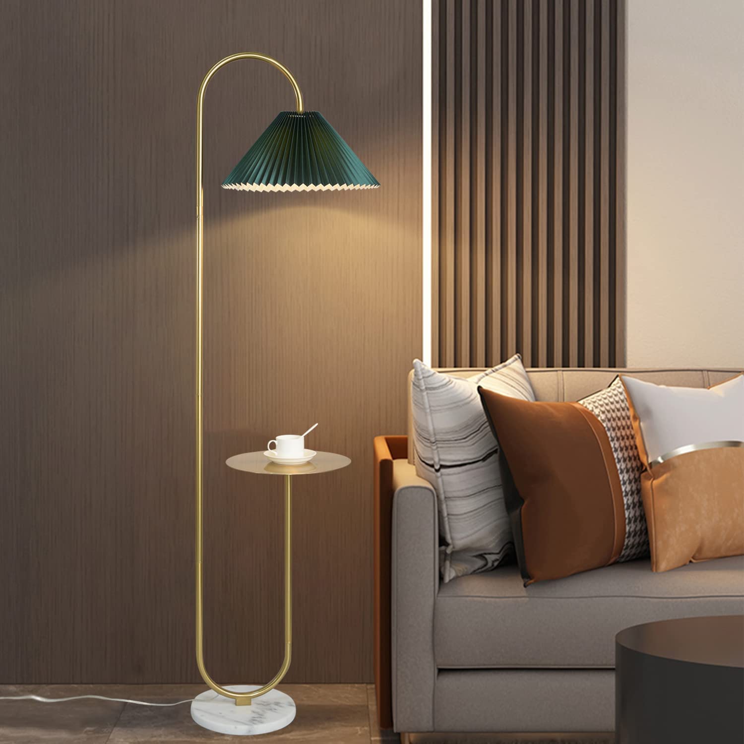 Modern Elegant with Tray Floor Lamp for Office Cafe Den Living Room Bedroom, Foot Switch and Brass/Gold Finish,Light Yellow Pleated Cloth Lampshade(Brass+Dark Green Lampshade) - Image 5