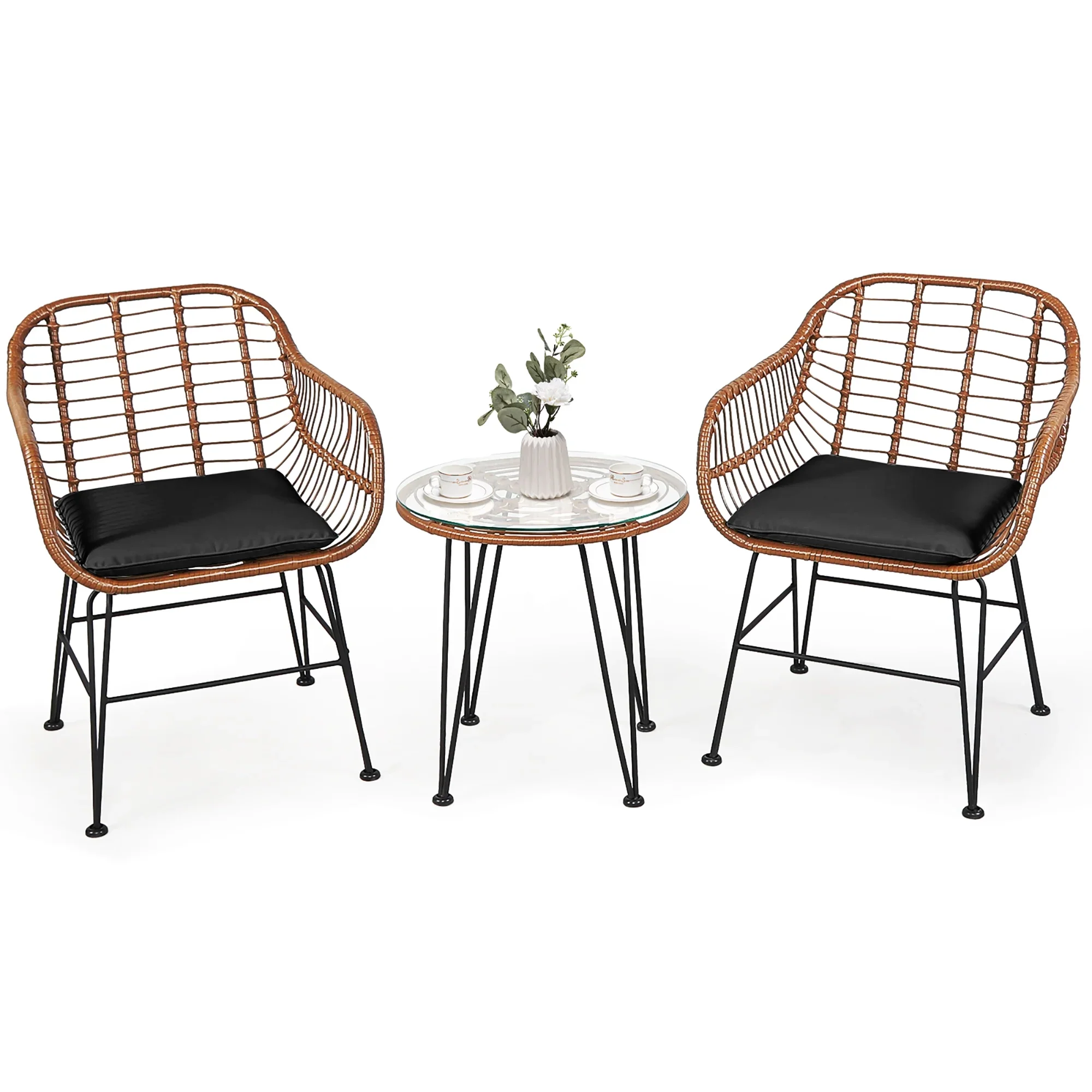 Costway 3PCS Patio Rattan Bistro Set Coffee Table Armchair Garden Red Cushion