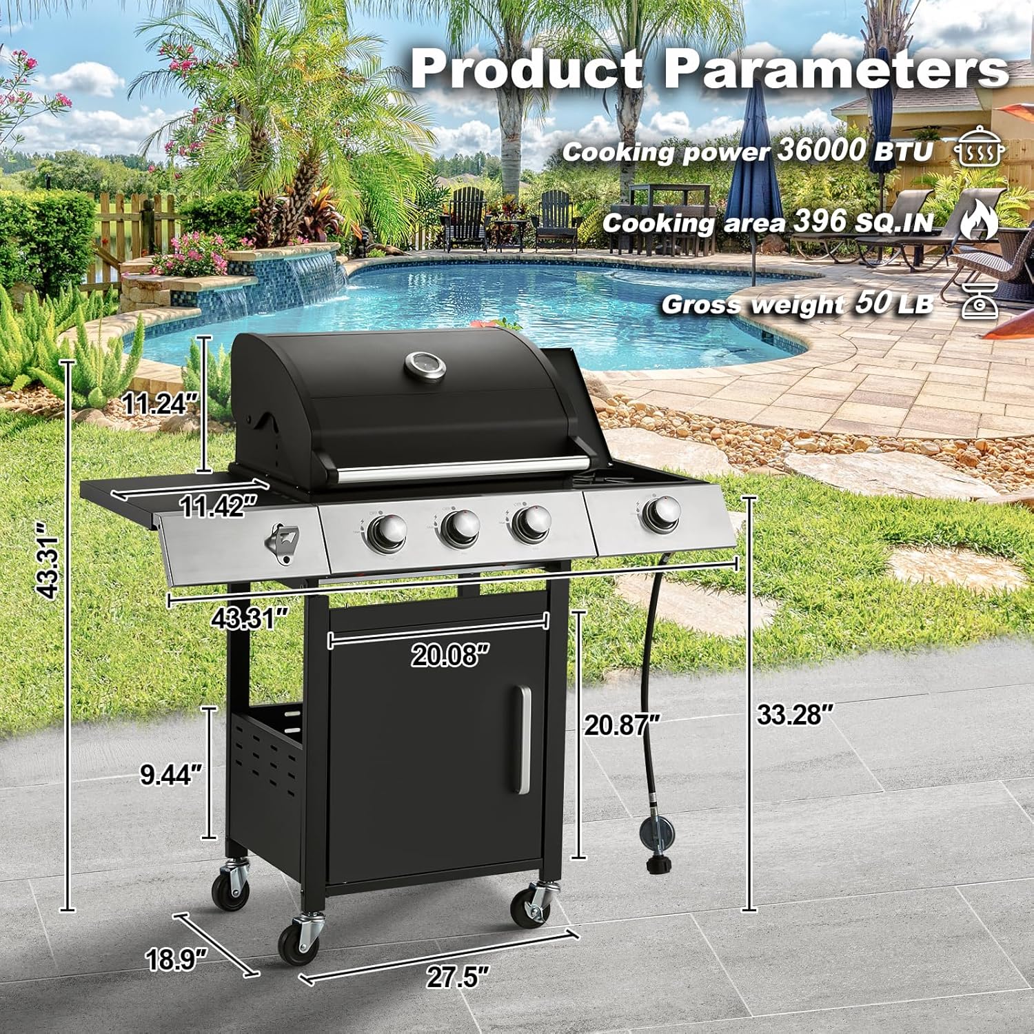 Upgraded 4 Burner Bbq Propane Gas Grill with Cast Iron Grates & Side Stove, 44,000 btu Stainless Steel Burner Barbecue Grill for Patio,…