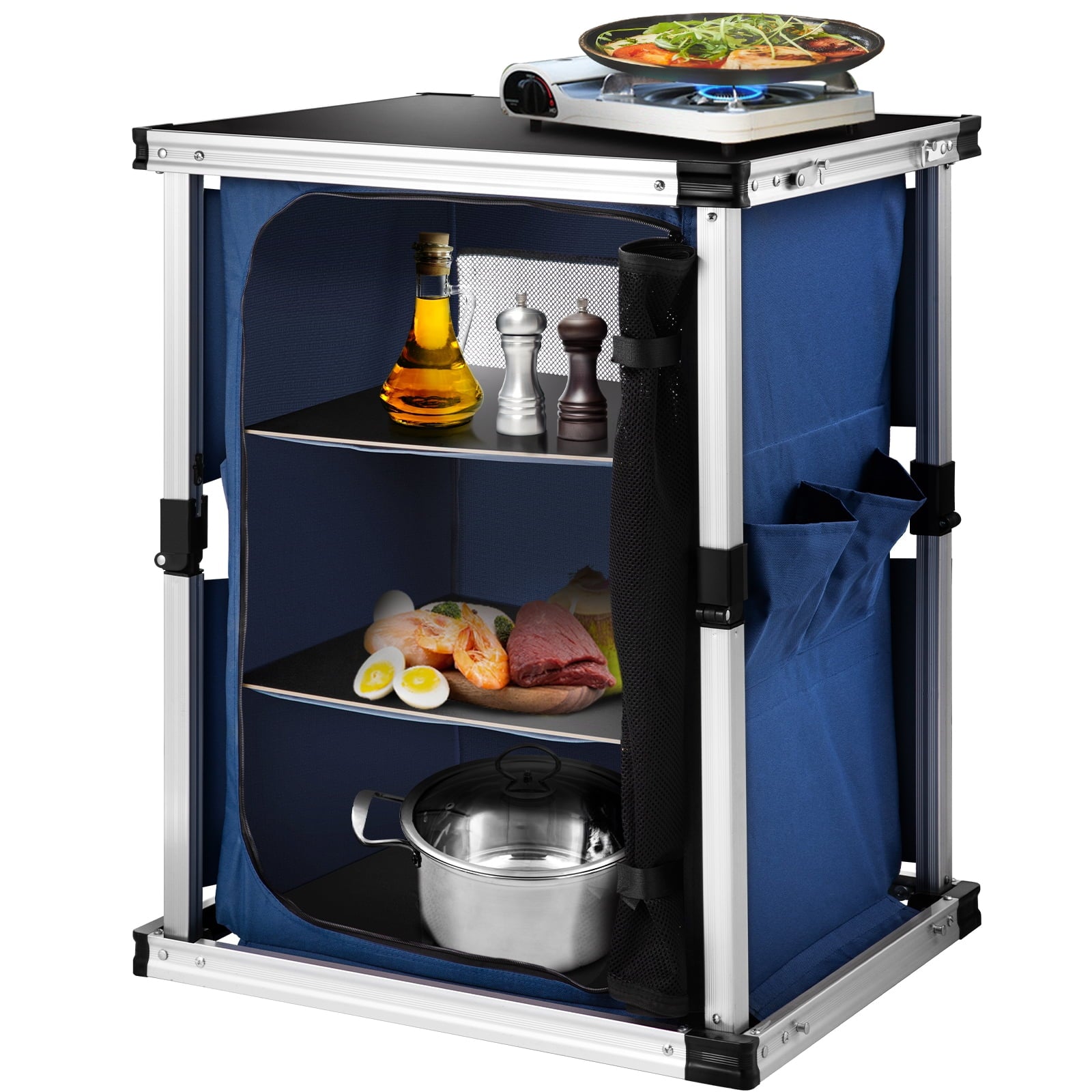 Camping Kitchen Station. Aluminum Portable Folding Cook Table with 3-Tier Storage Organizer. Side Pocket and Carrying Bag. for Outdoor BBQ Party Backyards and Tailgating. Blue