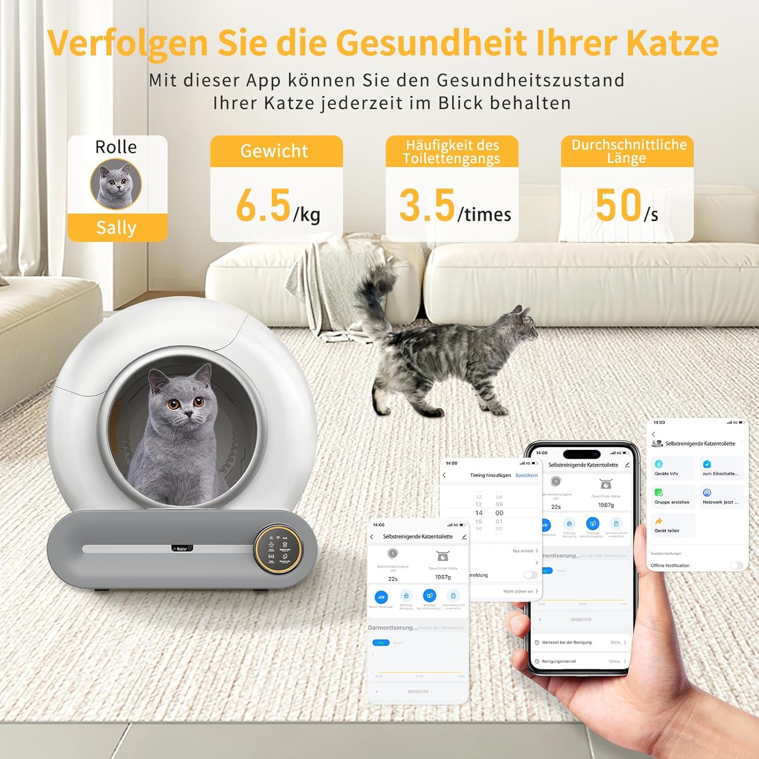 Katzenklo Selbstreinigend Katzentoilette Groß XXL 68L, Automatisches Katzenklo mit Müllsäcken, Niedriger Einstieg mit APP-Steuerung Elektrisches Katzenklo, für 2 Katzen Cat Selbstreinigendes Katzenklo