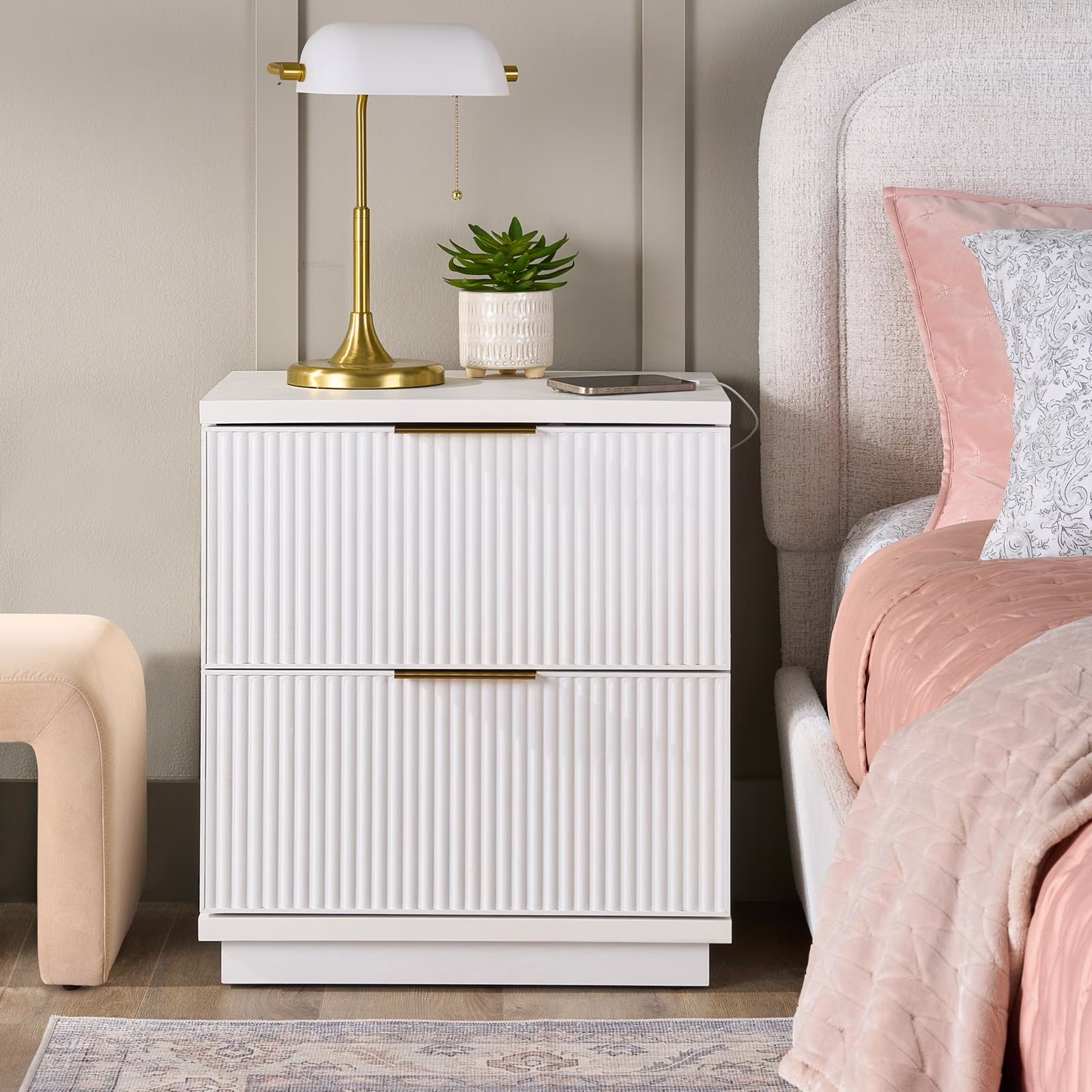 Better Homes & Gardens Lillian Fluted 2-Drawer Nightstand with USB, Natural Pine