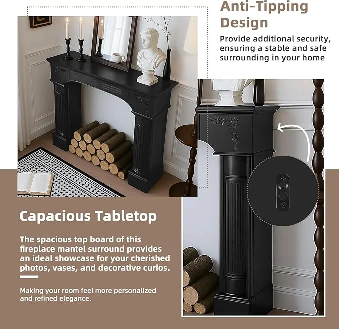 43.3" Fireplace Mantel, Freestanding Fireplace Surround with Leg for Electric Fireplaces, MDF Mantel Surround with Shelf for Living Room with Decorative Pattern, Anti-Tipping Waterproof - Image 3