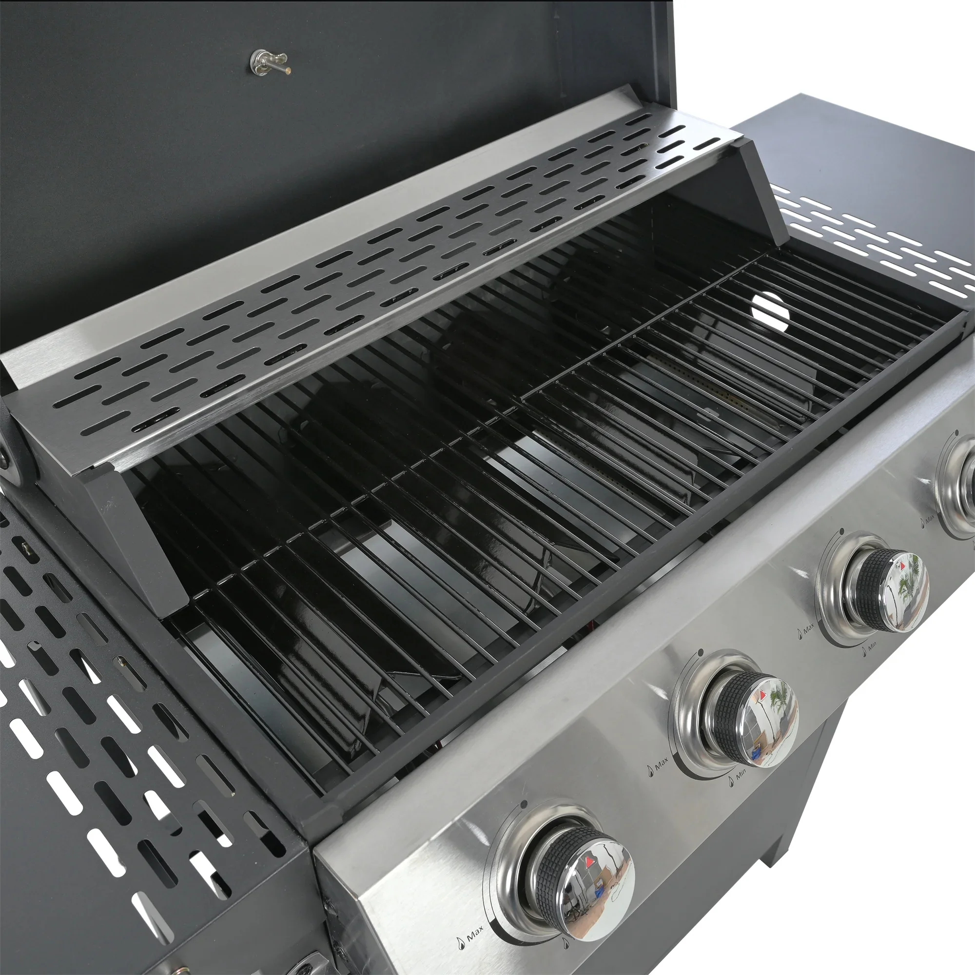 Highsound 3 Burner BBQ Propane Gas Grill, Stainless Steel 25650 BTU Patio Garden Barbecue Grill with Thermometer, Black