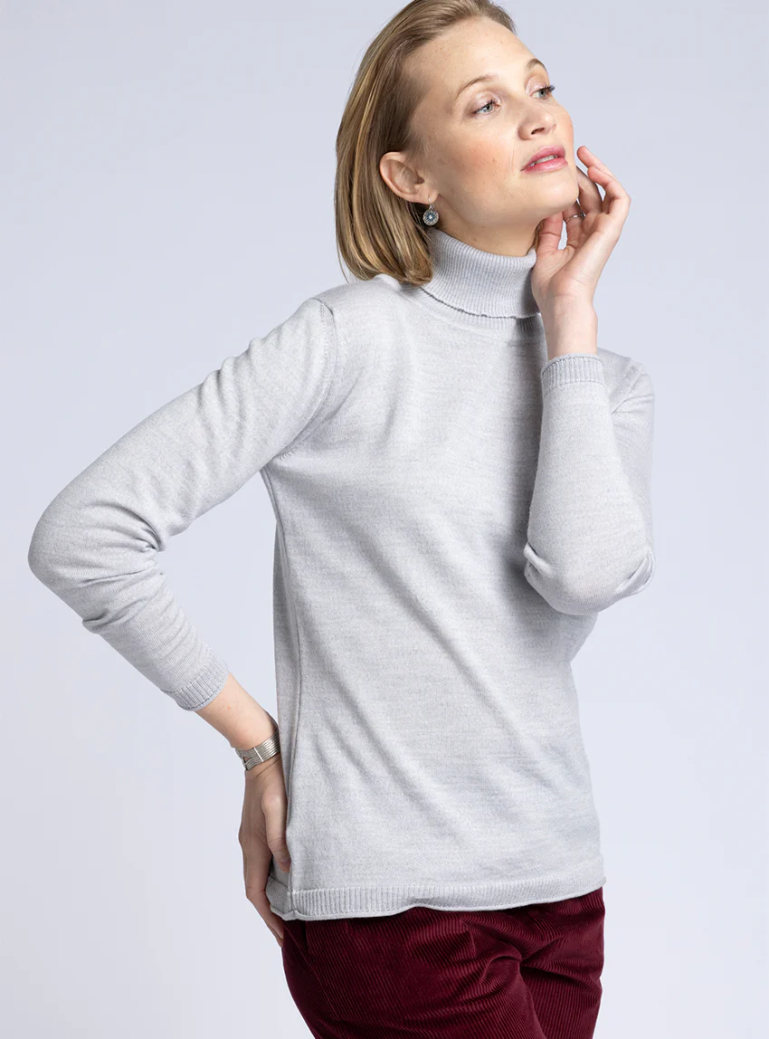 Pull femme col roulé en laine mérinos gris givré
