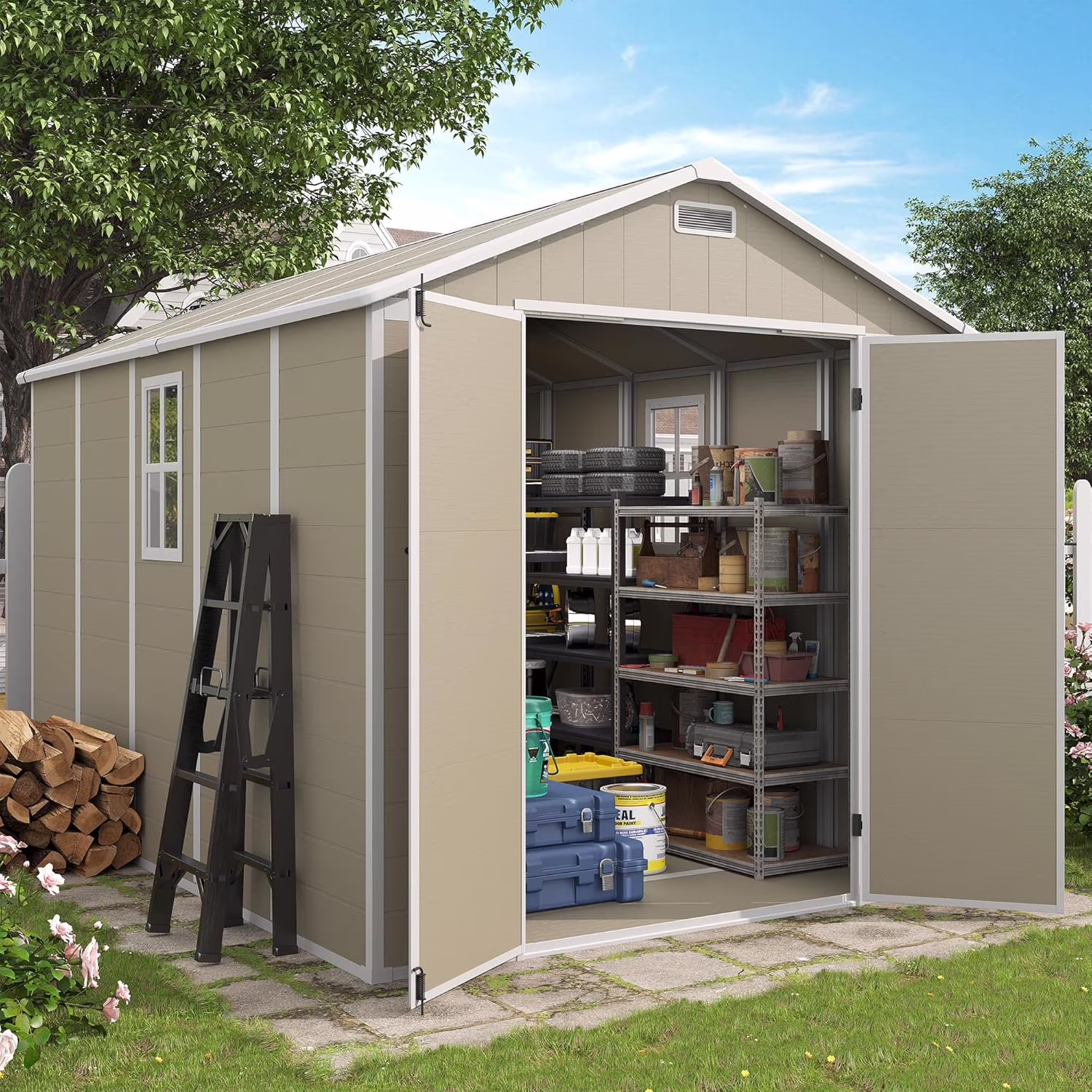 Outdoor Storage Shed 6x4.5 ft, Resin Outside Sheds Outdoor Storage Plastic for Trash Can, Bike, Lawnmower, Generator, Tool Shed with Lockable Door for Backyard, Lawn, Patio, Grey White(6*4/Gray) - Image 10