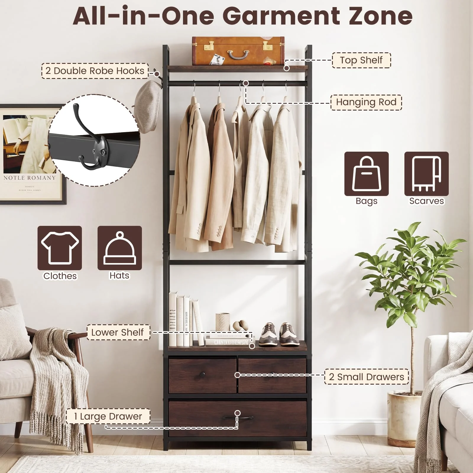 Tangkula Freestanding Small Clothes Rack | Heavy Duty Coat Rack with Drawers