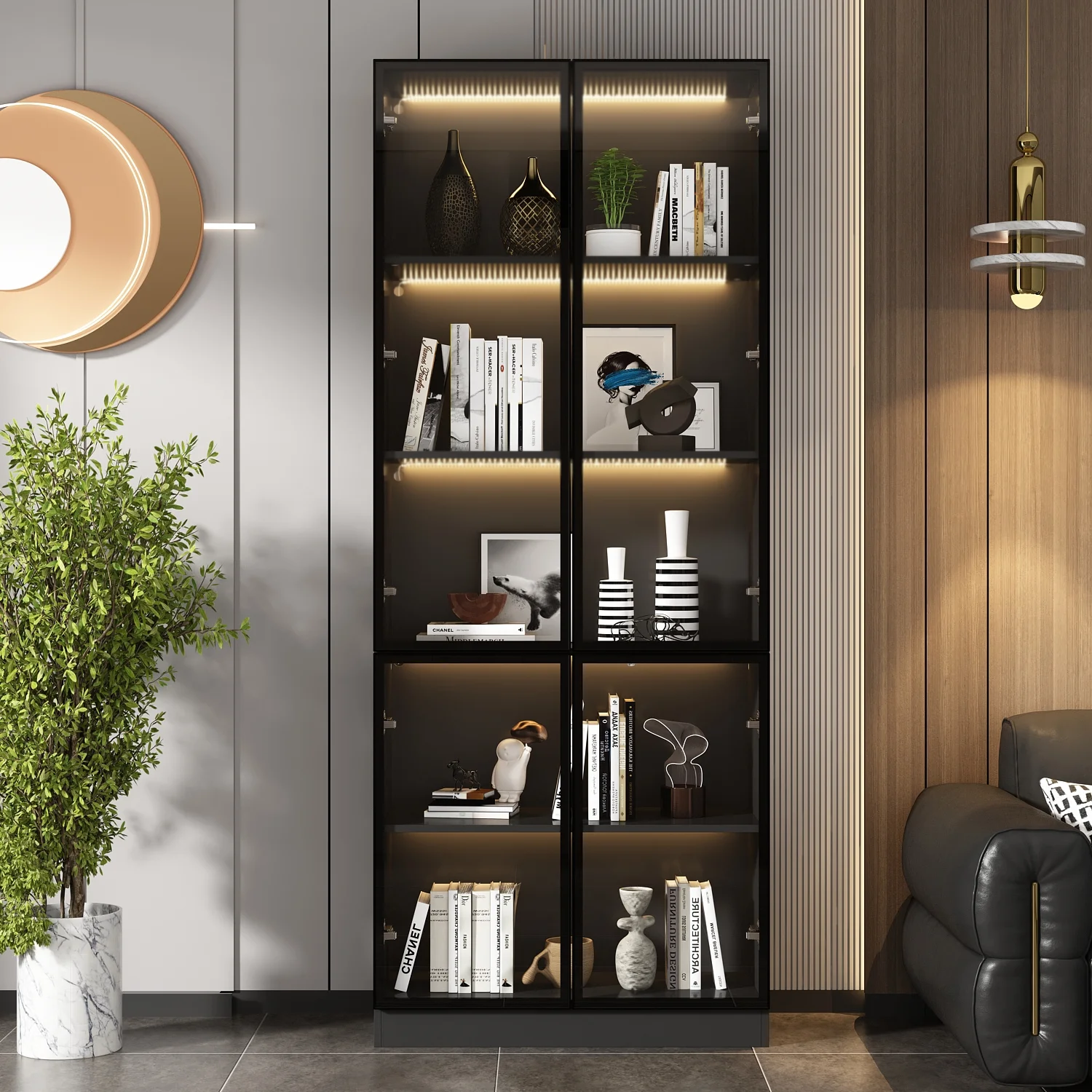 Bookcases Organizer with LED Lights, Heavy Duty Display Cabinet with Glass Door for Living Room, 31.5" Wide(31.5 in, 5-Tier) - Image 2