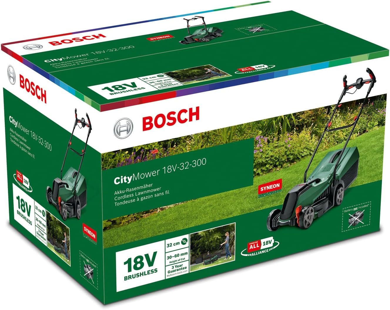 Bosch Accu Grasmaaier CityMower 18V-32-300 (18 Volt, 1x Accu 4.0 Ah, Maaibreedte: 32 Cm, Gazonoppervlak tot 300 m, in Doos)