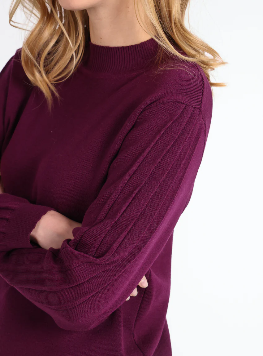 Pull femme en laine mérinos manches fantaisies Violet nuit
