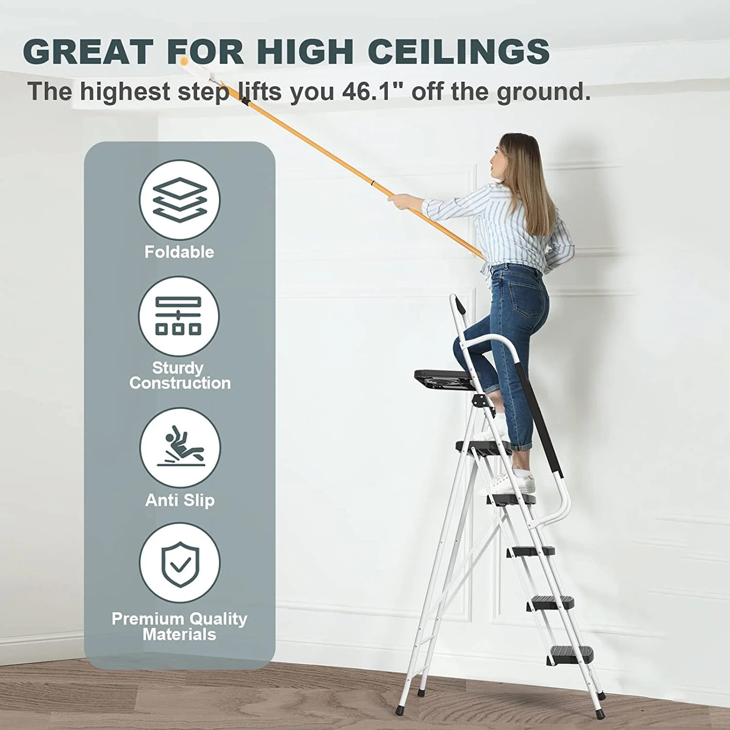 Folding 5-Step Ladder, 330lbs, with Handrails and Tool Tray and Anti-Slip Pedal, White - Image 7