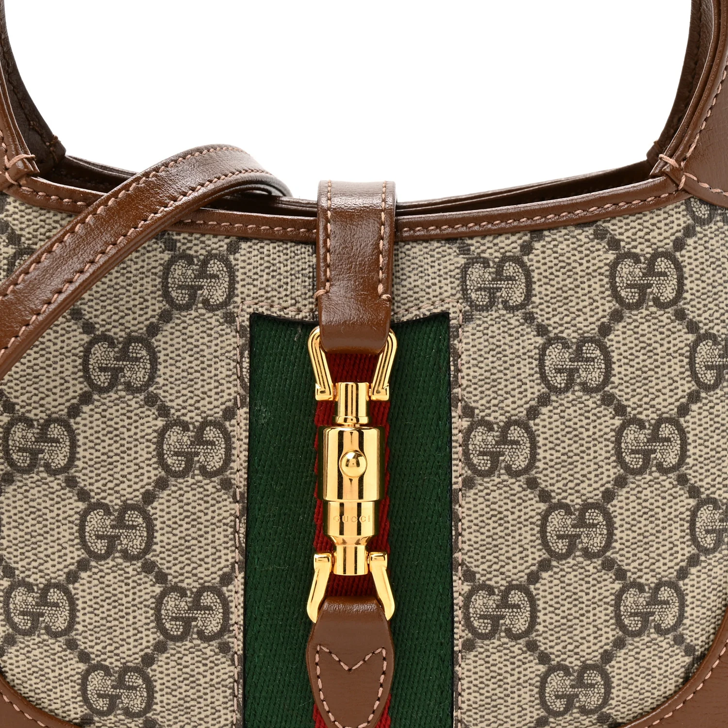 GG Supreme Monogram Azalea Calfskin Web Mini Jackie 1961 Hobo Beige Ebony Brown Sugar