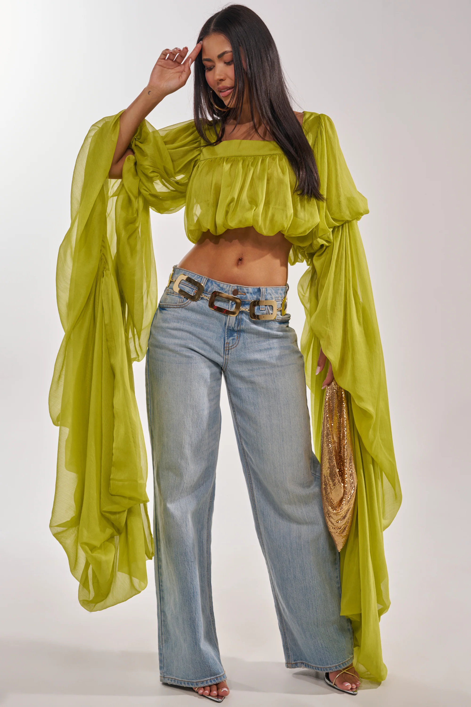 SLOUCHY SQUARE NECK LONG SLEEVE BLOUSE TOP IN CHARTREUSE - Akira Store