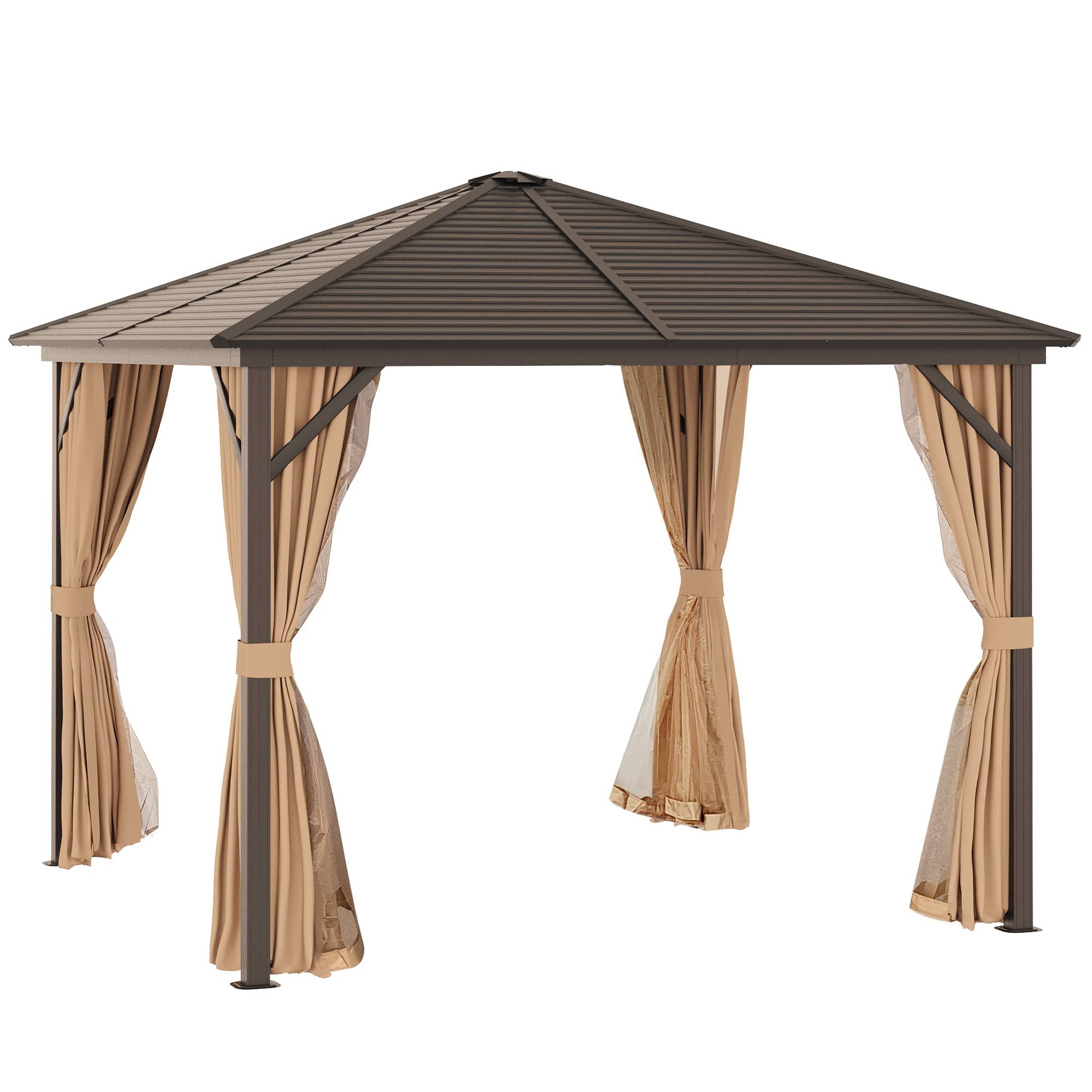 Outsunny 10' x 10' Steel Hardtop Gazebo Garden Sun Shelter with Mosquito Netting and Curtains Hanging Hook Aluminum Frame Brown Outsunny