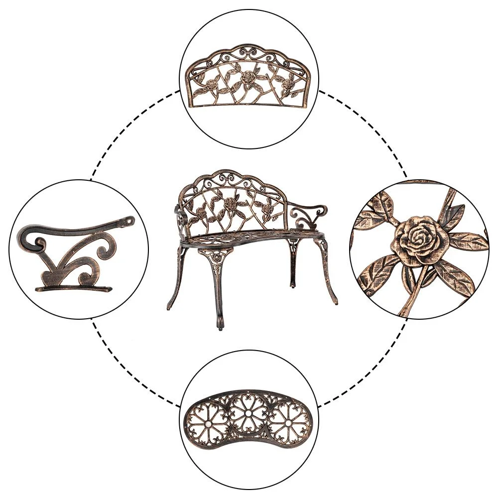 Courtyard Park Outdoor Patio Bench Leisure Rose Cast Aluminum Chair, Metal Loveseat Bench for Garden Patio, Porch, Deck, Bronze(Bronze) - Image 6