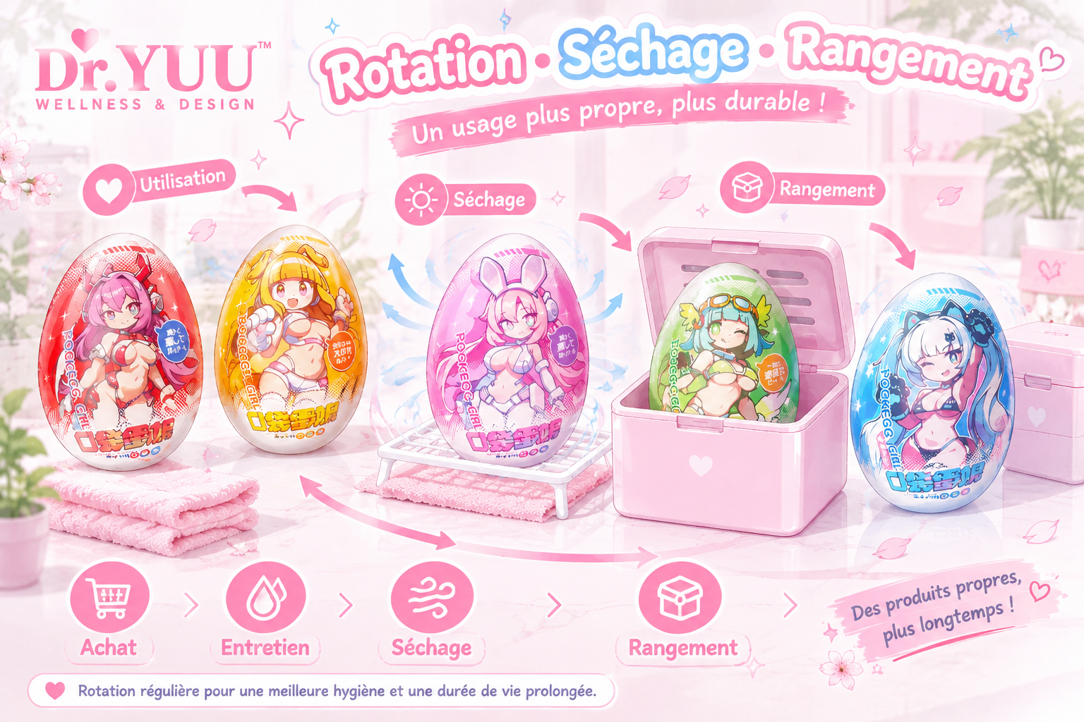 Illustration rose et blanche de plusieurs onaholes rangés en rotation dans un espace aéré