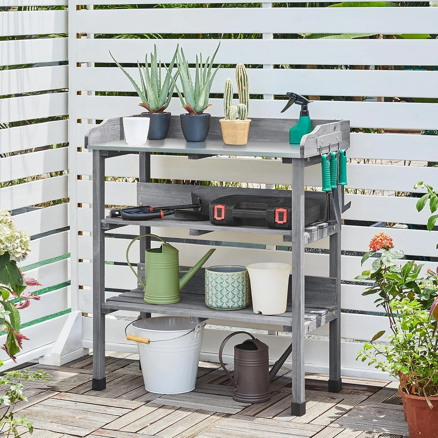 Garden Potting Table Horticulture Potting Bench w/Storage Shelf W/Metal Tabletop w/Hook 3 Shelves Workstation Work Benches Station, Gray - Image 2
