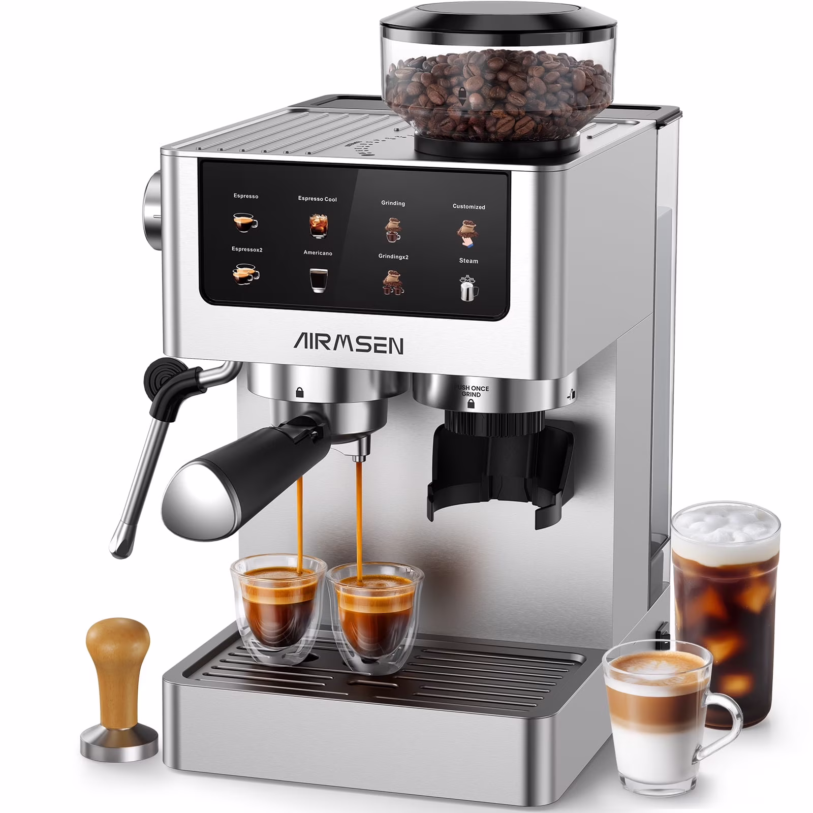 Espresso Machine with Grinder, Espresso Coffee Machine with Customized Grind Amount Coffee Volume, Cold Brew Coffee Maker for Cappuccino Latte Americano, Brushed Stainless Steel