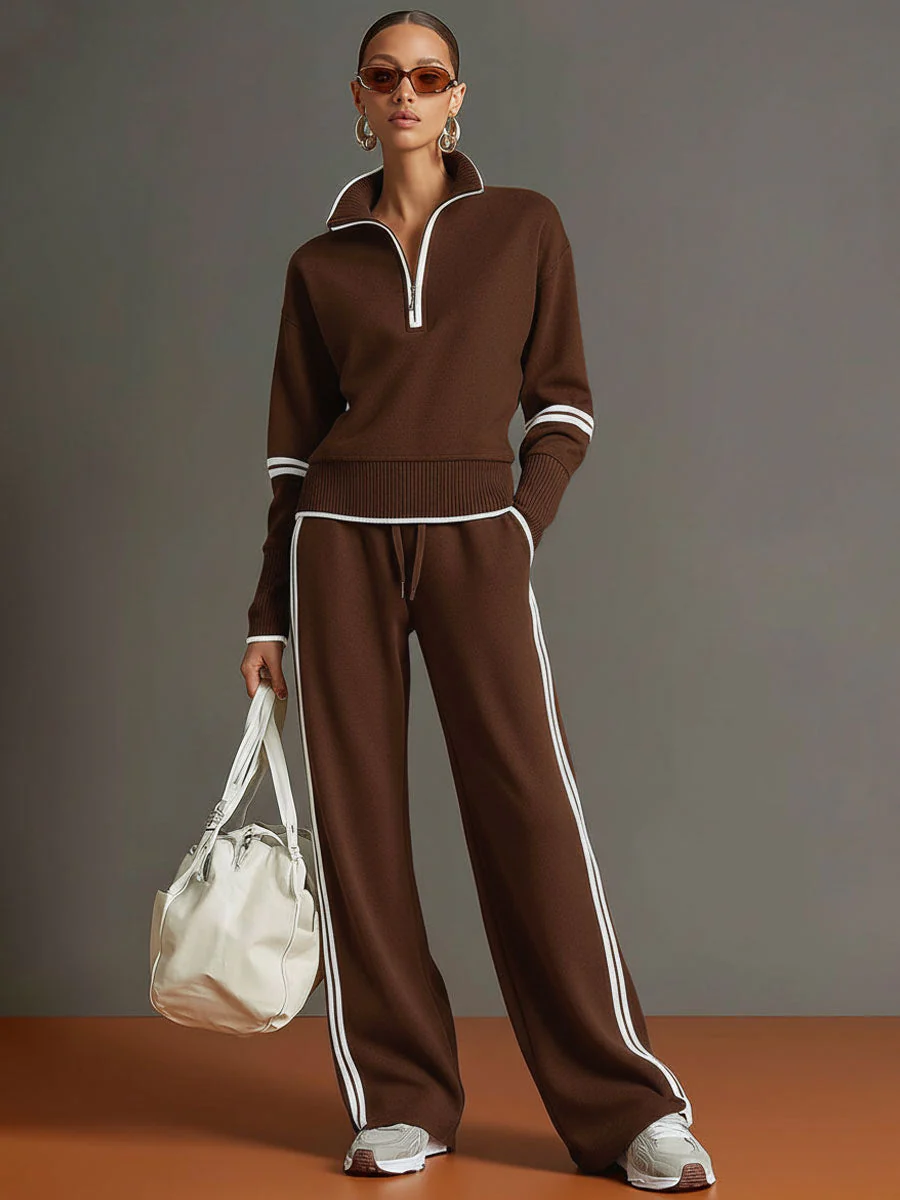 Ensemble sweat à demi-fermeture éclair et pantalon à jambes larges