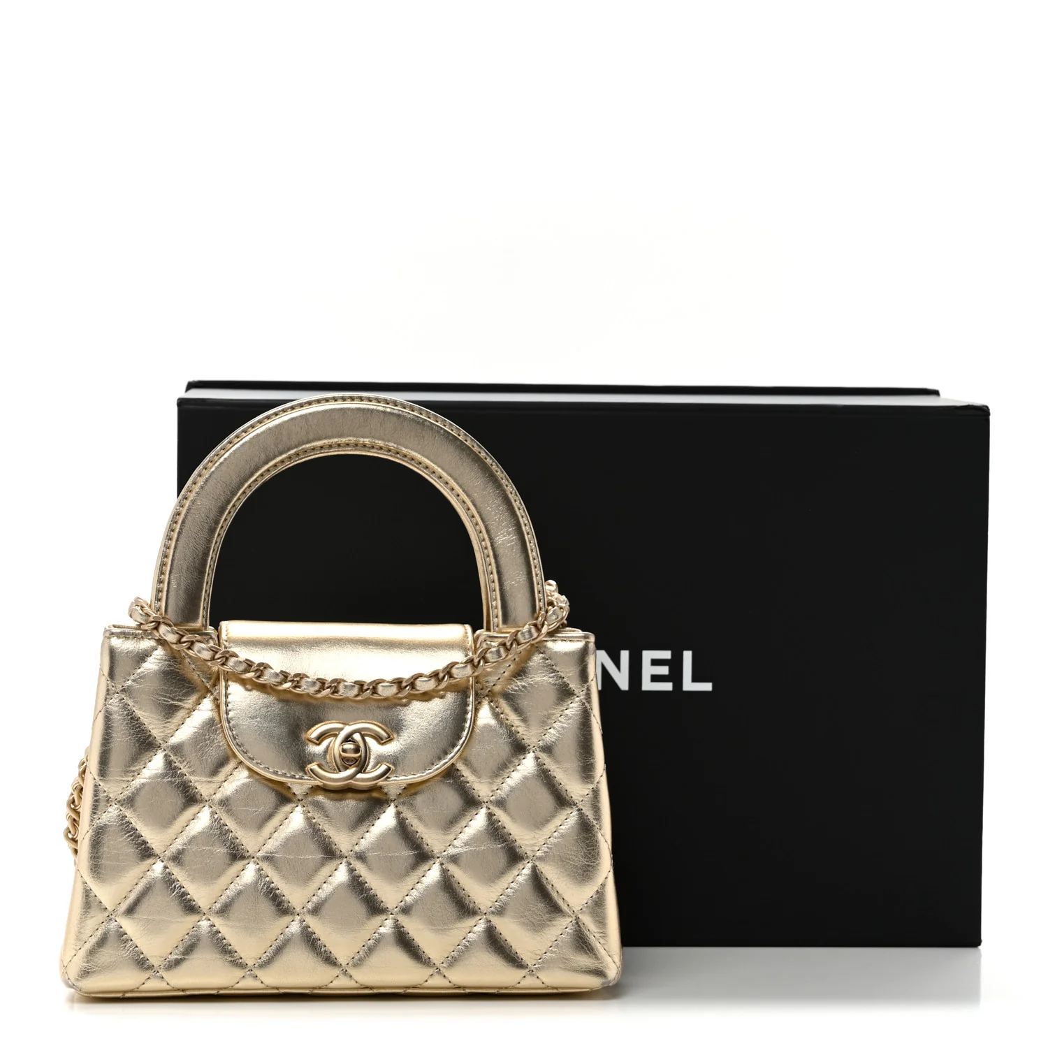 Metallic Shiny Aged Calfskin Quilted Nano Kelly Shopper Gold