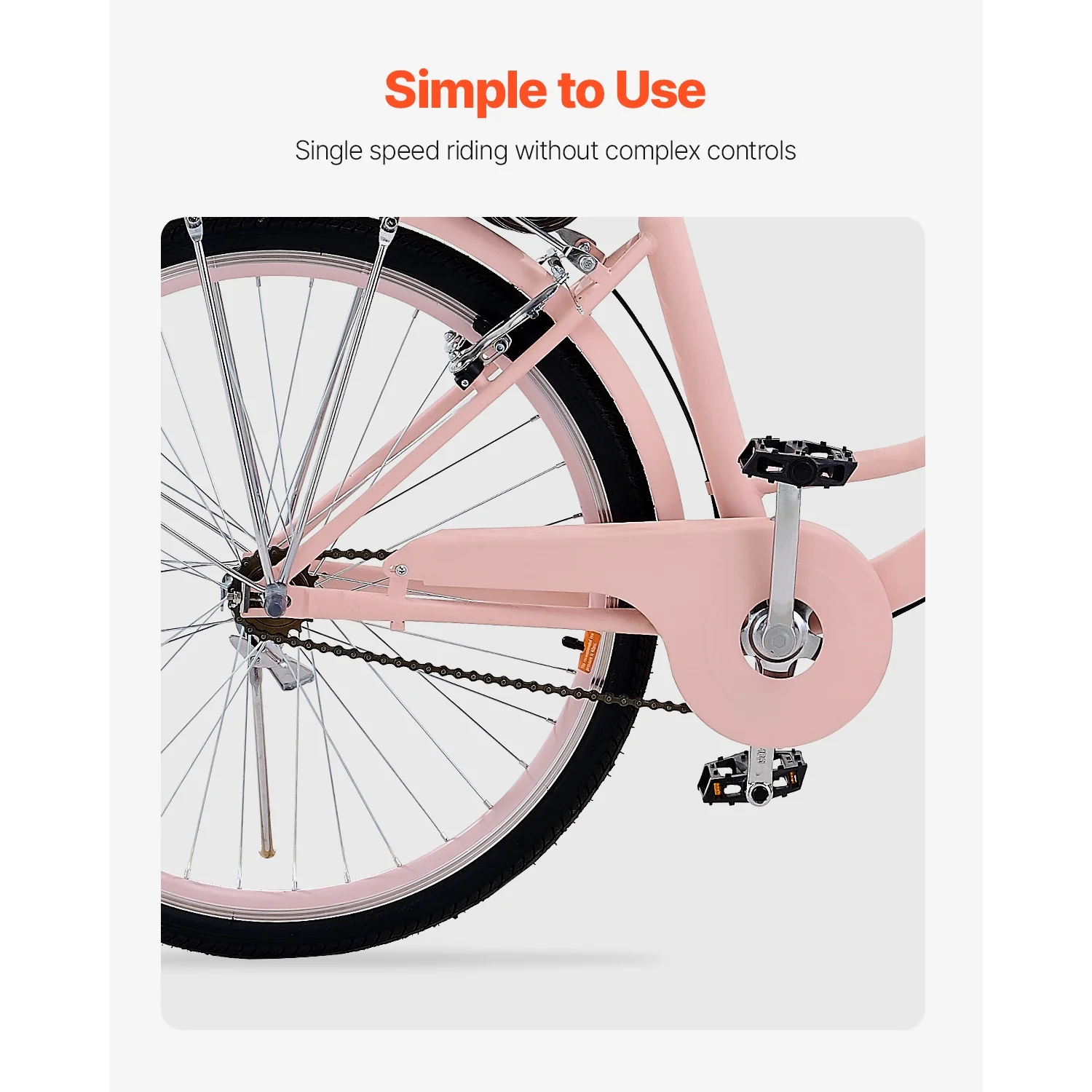 26" Cruiser Bike, Single Speed,Rose-Colored Seaside Cycling Bike with Spacious Basket and Back Stand, Reliable Robust Leisure Bicycle with Modifiable Saddle - Image 6