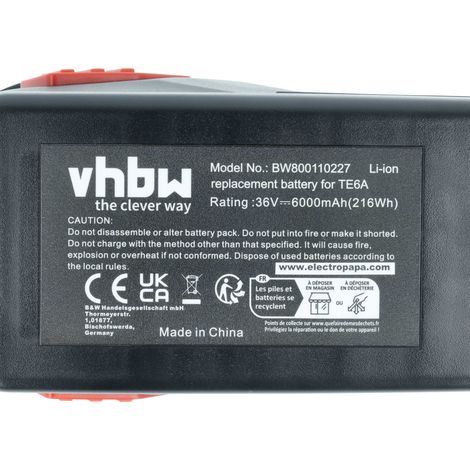 Vhbw – Batterie Li-ion 36V 6000 mAh pour Hilti TE6-A36, TE 6A, TE6A, TE 6-A36 AVR, TE 500-A36, TE30-A36 – Autonomie prolongée – Compatible avec outils électriques