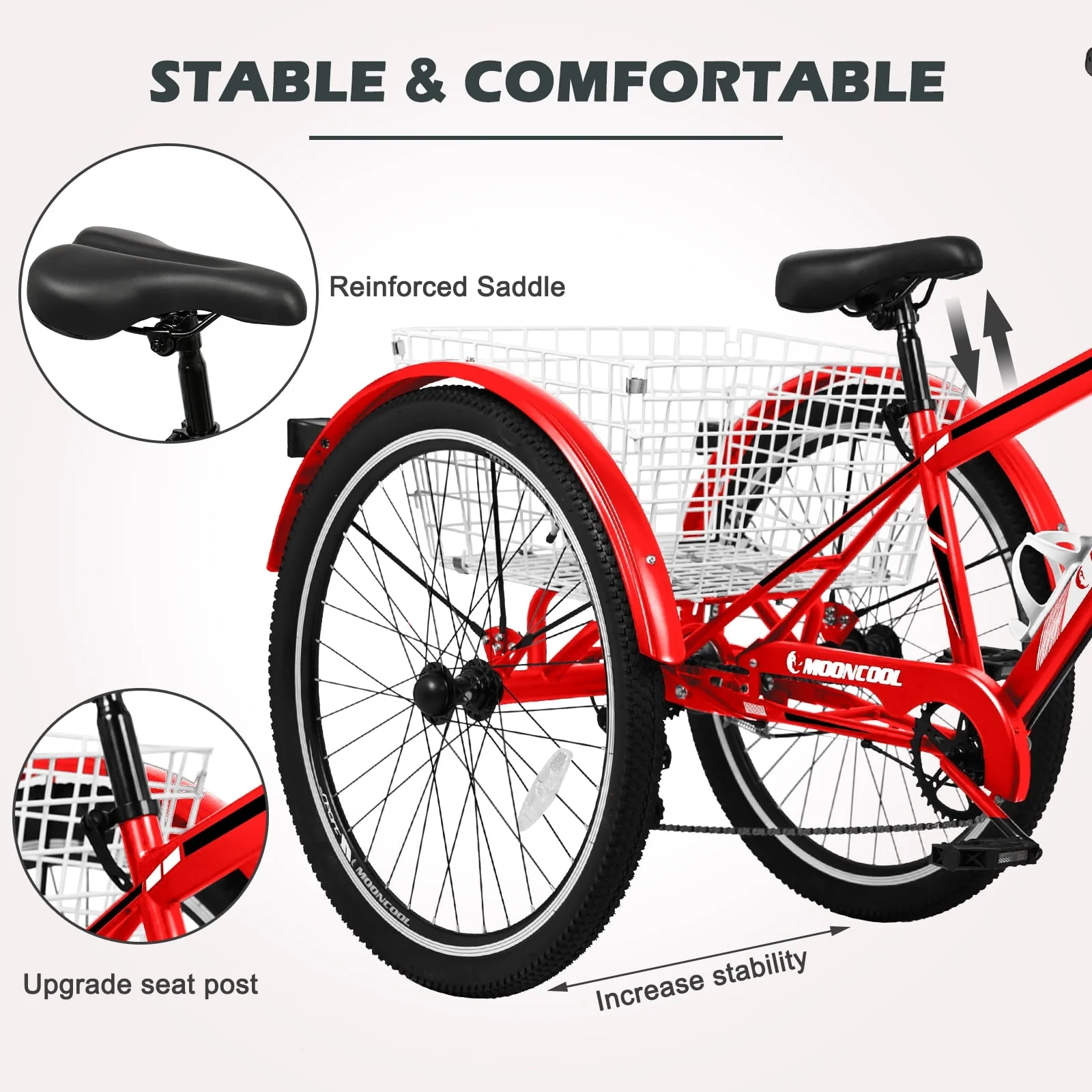 26" Mountain Tricycle, 7 Speed Adult Trikes Shopping Bicycle with Rear Basket,Adult Tricycle - Image 4