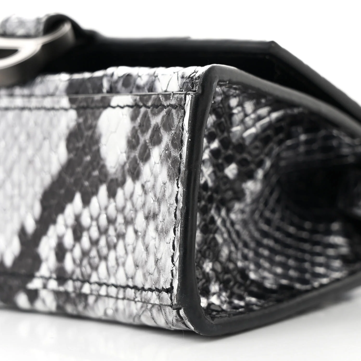 Shiny Calfskin Snakeskin Effect Hourglass Top Handle Bag Mini Silver Black