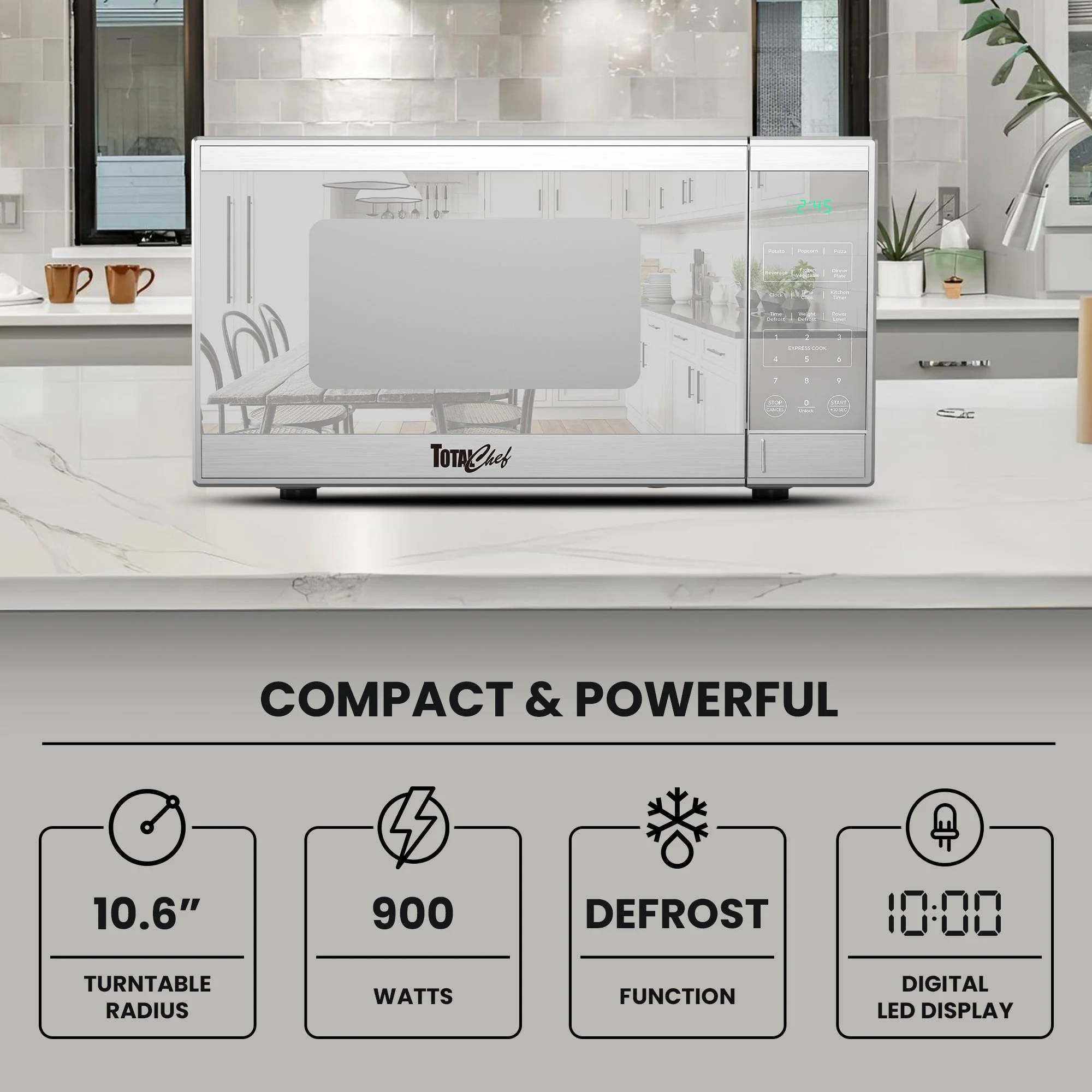 Total Chef Countertop Microwave Oven, 900W, 0.9 cu ft, Stainless Steel