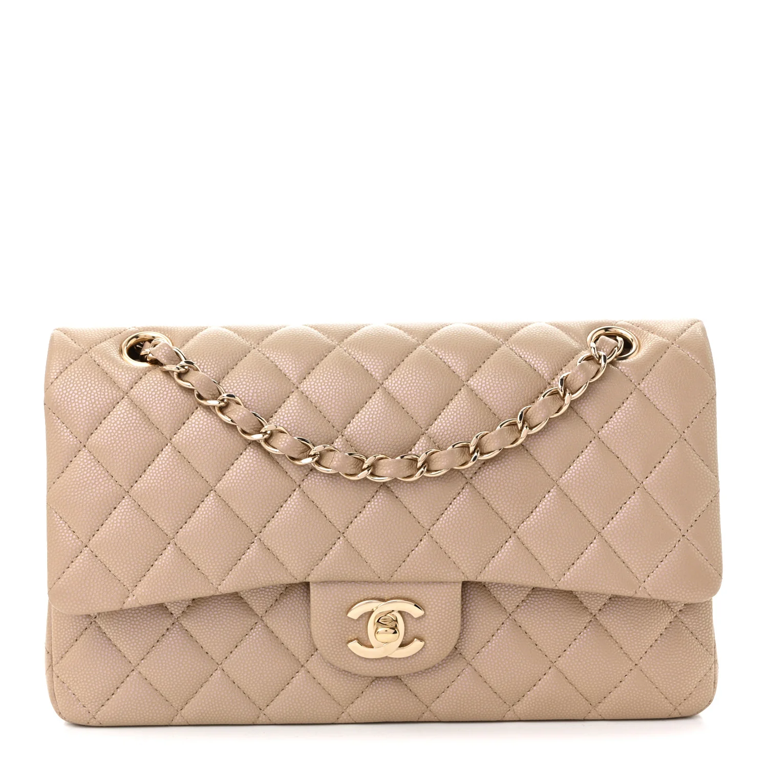 Iridescent Caviar Quilted Medium Double Flap Dark Beige