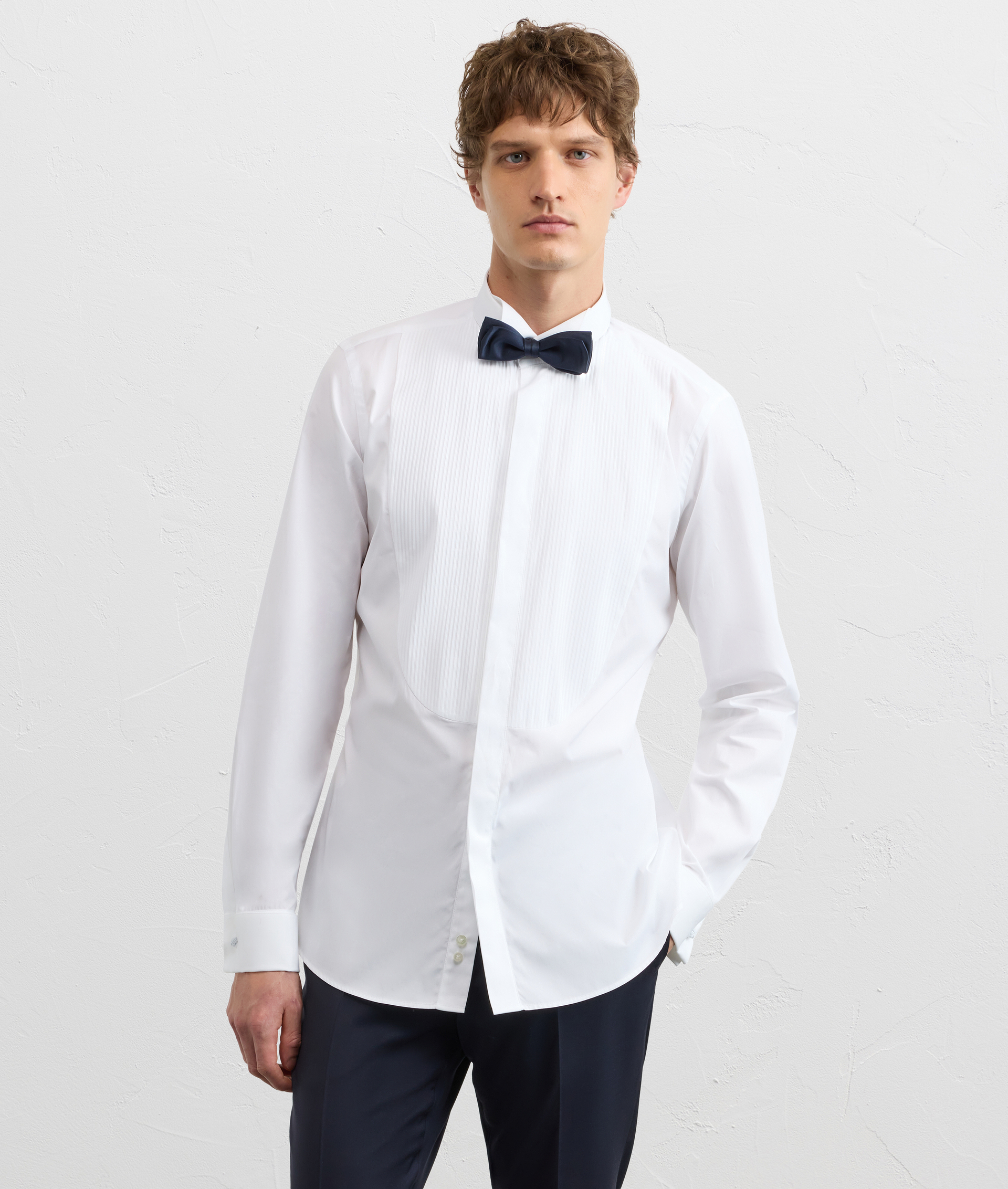 PURE WHITE COTTON SHIRT WITH CUFF COLLAR AND PLEATED PLASTRON