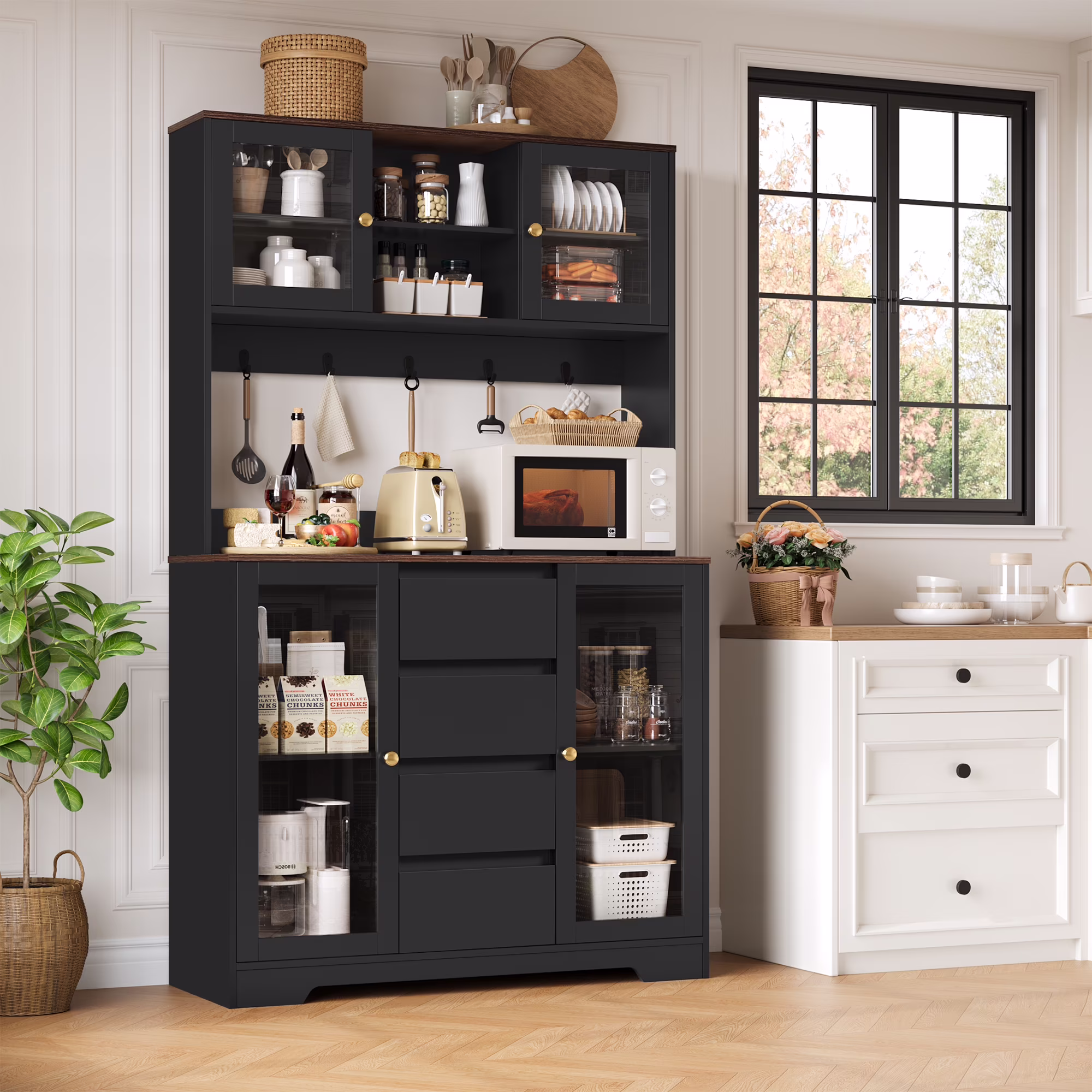 71'' Pantry Hutch with Cabinet Drawers for Kitchen, Glass Doors Storage Cabinet with Adjustable Shelves for Dining Room, Black(Black)