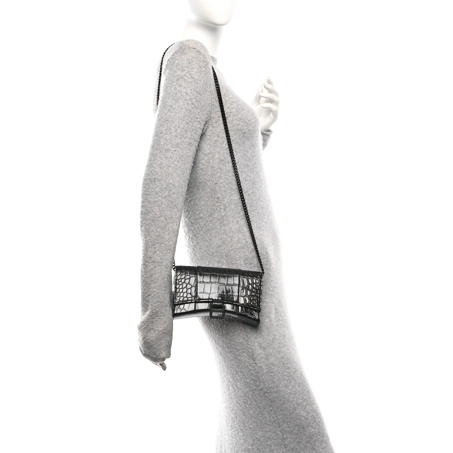 Shiny Calfskin Monochrome Crocodile Embossed Hourglass Chain Bag Black