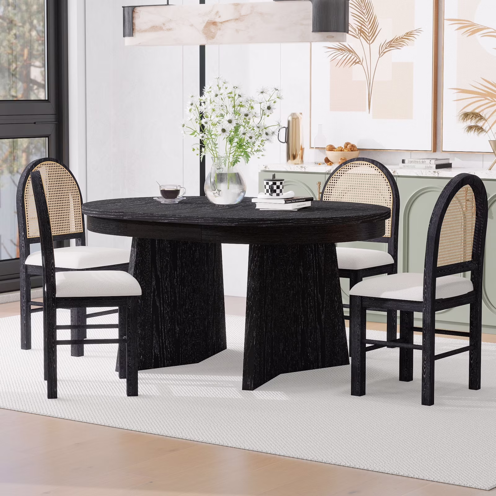 5-Piece Extendable Dining Table Set for 4 People, Solid Wood Kitchen Table Set with 4 Upholstered Chairs and Rattan Backrests for Dining Room and Kitchen, Natural(Natural) - Image 3