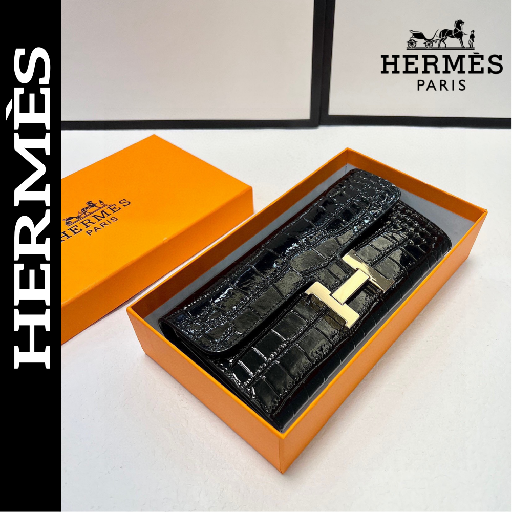 【エルメス】新作長財布 シャイニークロコ ノワール/金具
