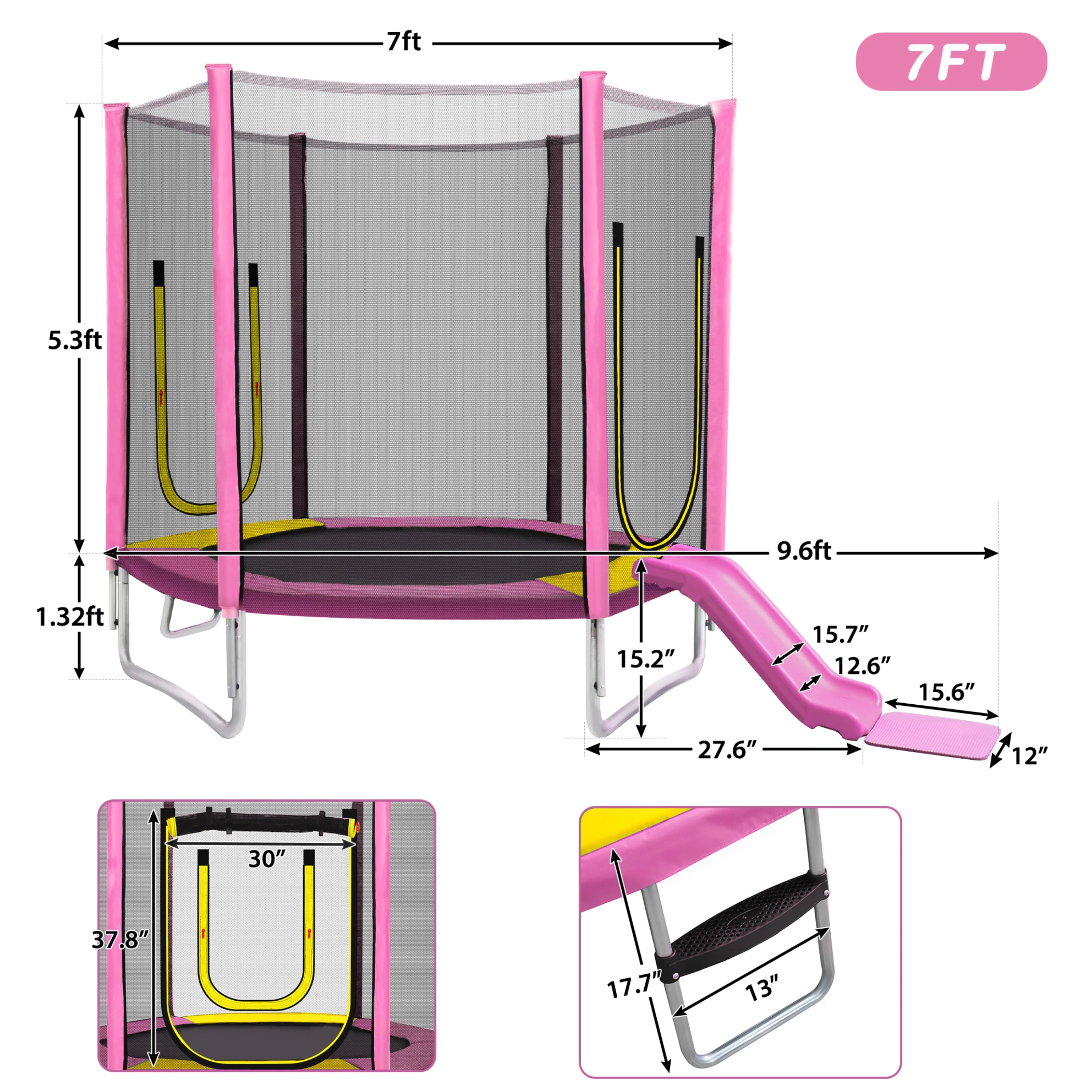 7FT Trampoline with Removable Slide, Kids Indoor Outdoor Trampoline with Enclosure Net and Ladder, Pink(Pink) Image 7
