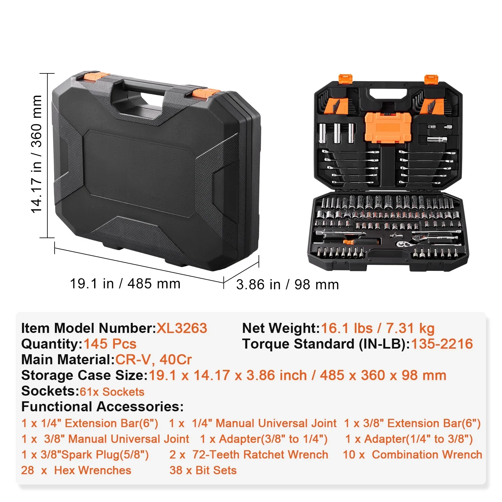SKYSHALO Mechanics Tool Set and Socket Set, 1/4 and 3/8 Drive Deep & Standard Sockets, 145 Piece SAE and Metric Mechanic Tool Kit with Bits, Combination Wrench, Hex Wrenches, Accessories