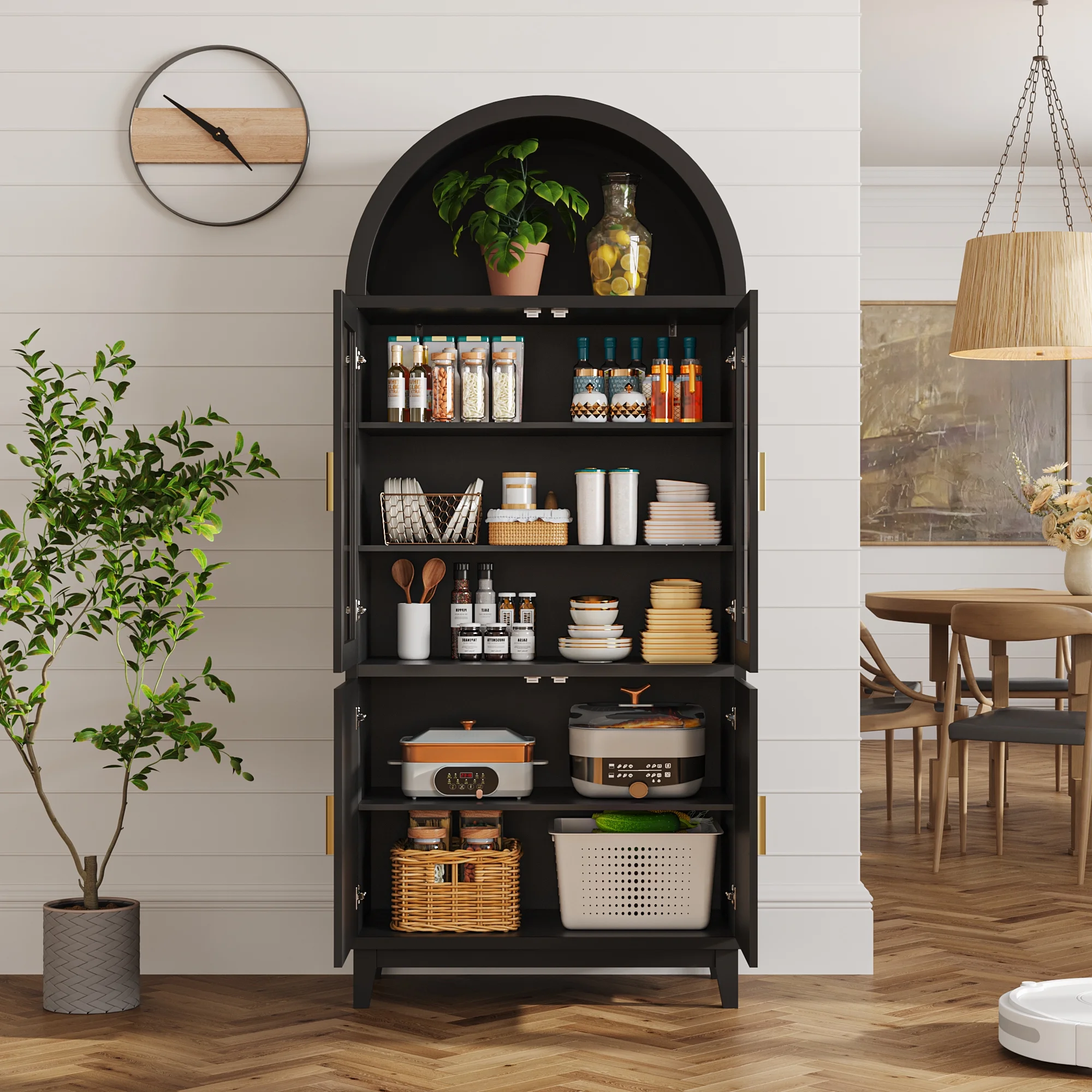 71" Tall Arch Cabinet, Wood Fluted Kitchen Kitchen Storage Cabinet with 4 Doors and 6 Shelves for Dining Room Living Room(black) - Image 4