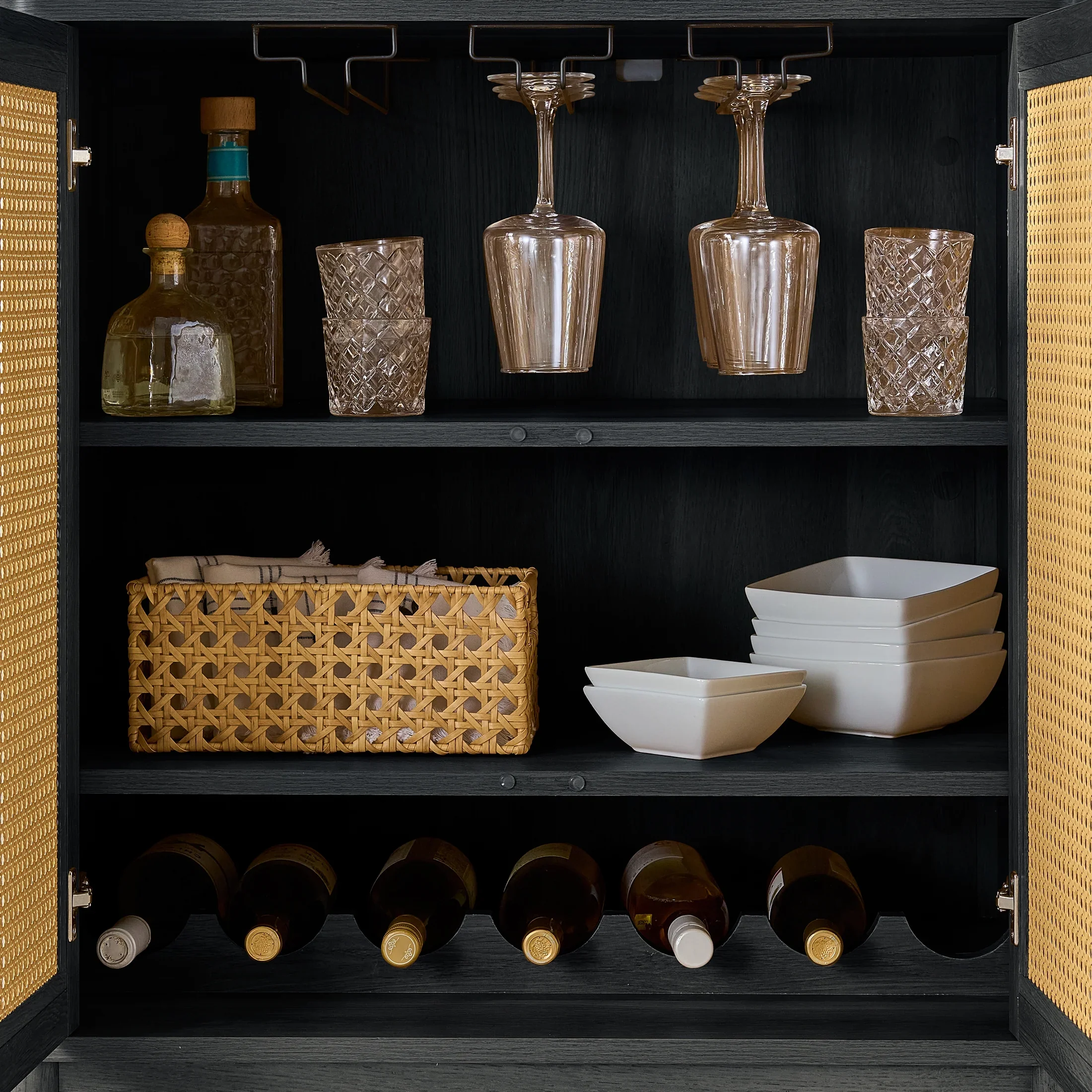 Better Homes & Gardens Springwood Caning Bar Cabinet, Light Honey Finish