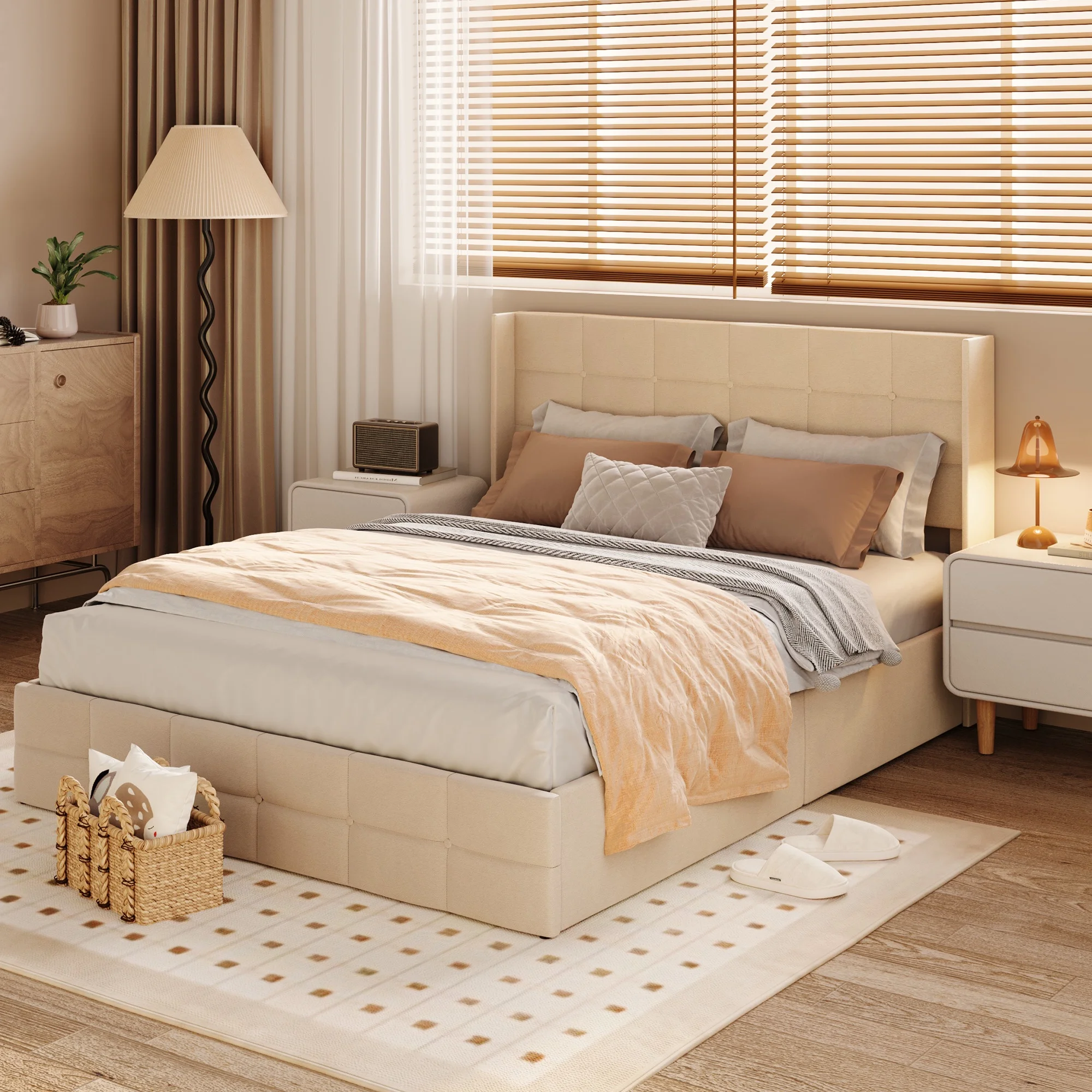 Queen Storage Bed Frame with Hydraulic Lift, Upholstered Headboard Wood Slats, Beige(Queen/Beige) - Image 8